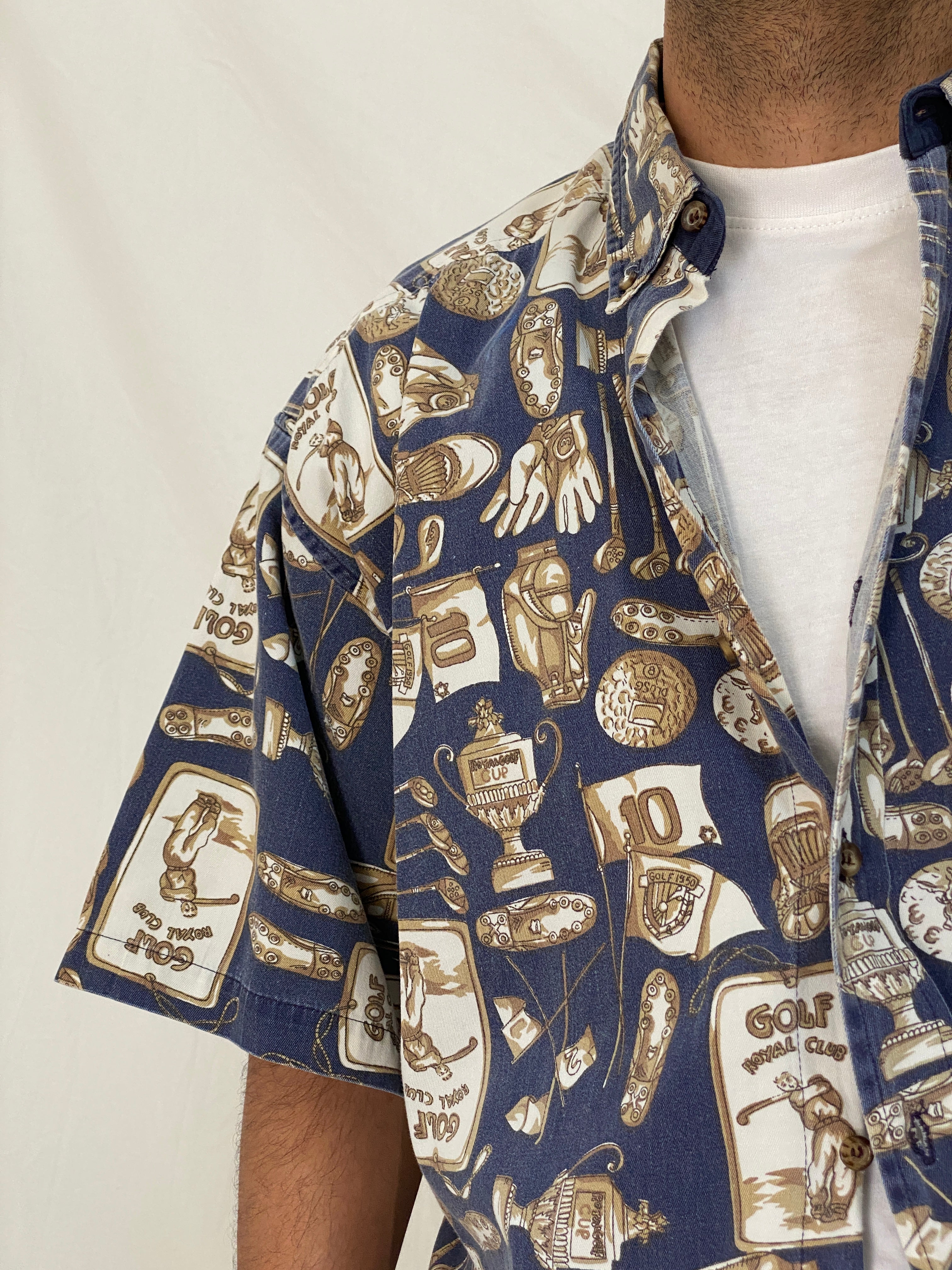 Vintage J.Riggings Golf Print Cotton Shirt Blue Beige Novelty Button Up – XL