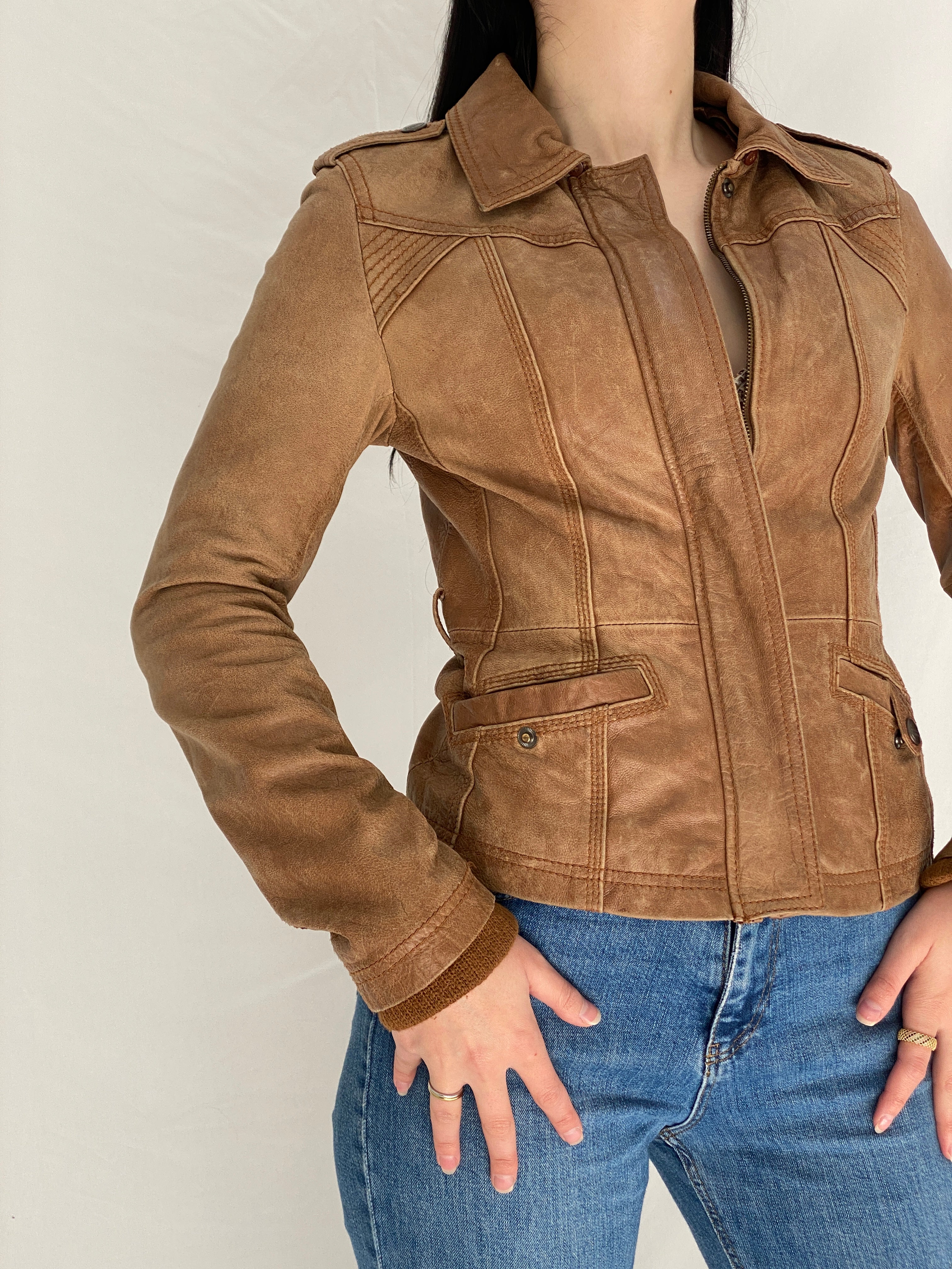 Vintage Y2K Stradivarius Brown Real Leather Moto Fitted Jacket - S