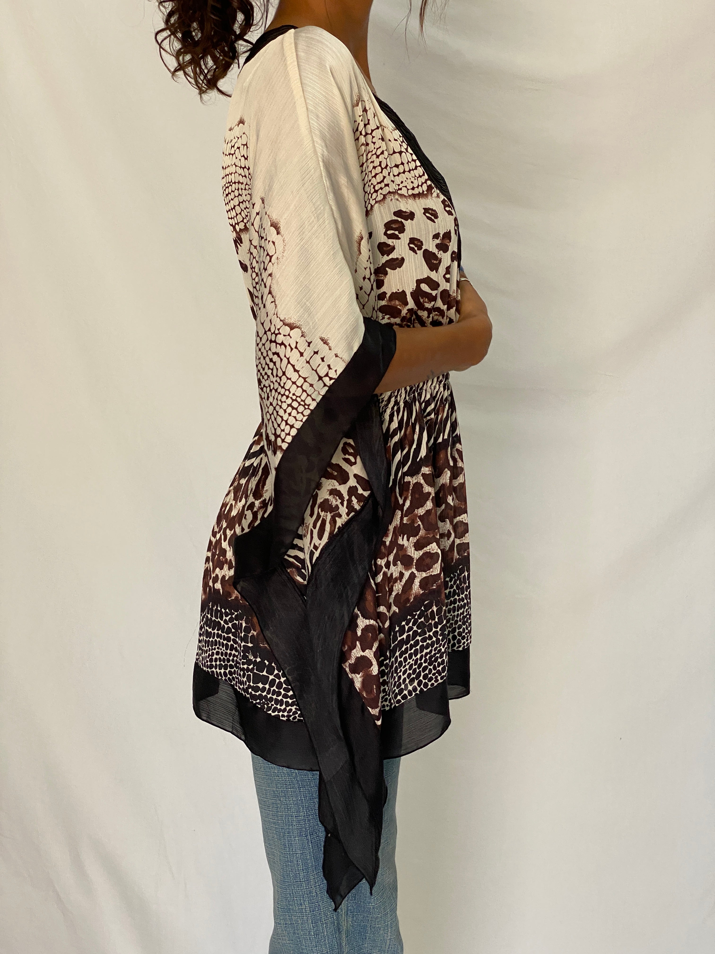 Vintage Y2K Kaelyn-Max Cream & Brown Animal Print Polyester Boho Kaftan Tunic Top - M