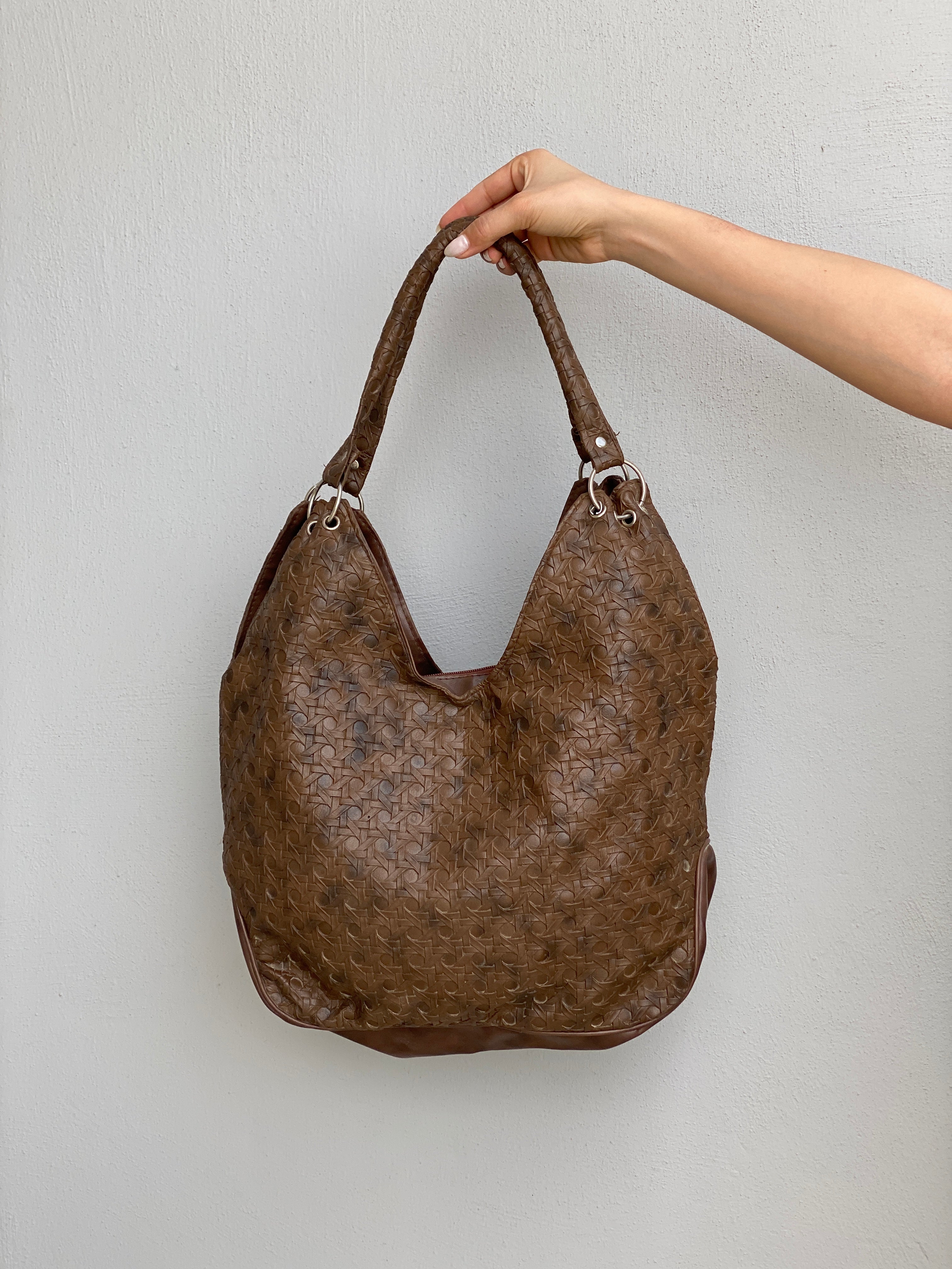 Vintage Y2K Brown Embossed Leather Hobo Bag Woven Texture Slouchy Shoulder Bag