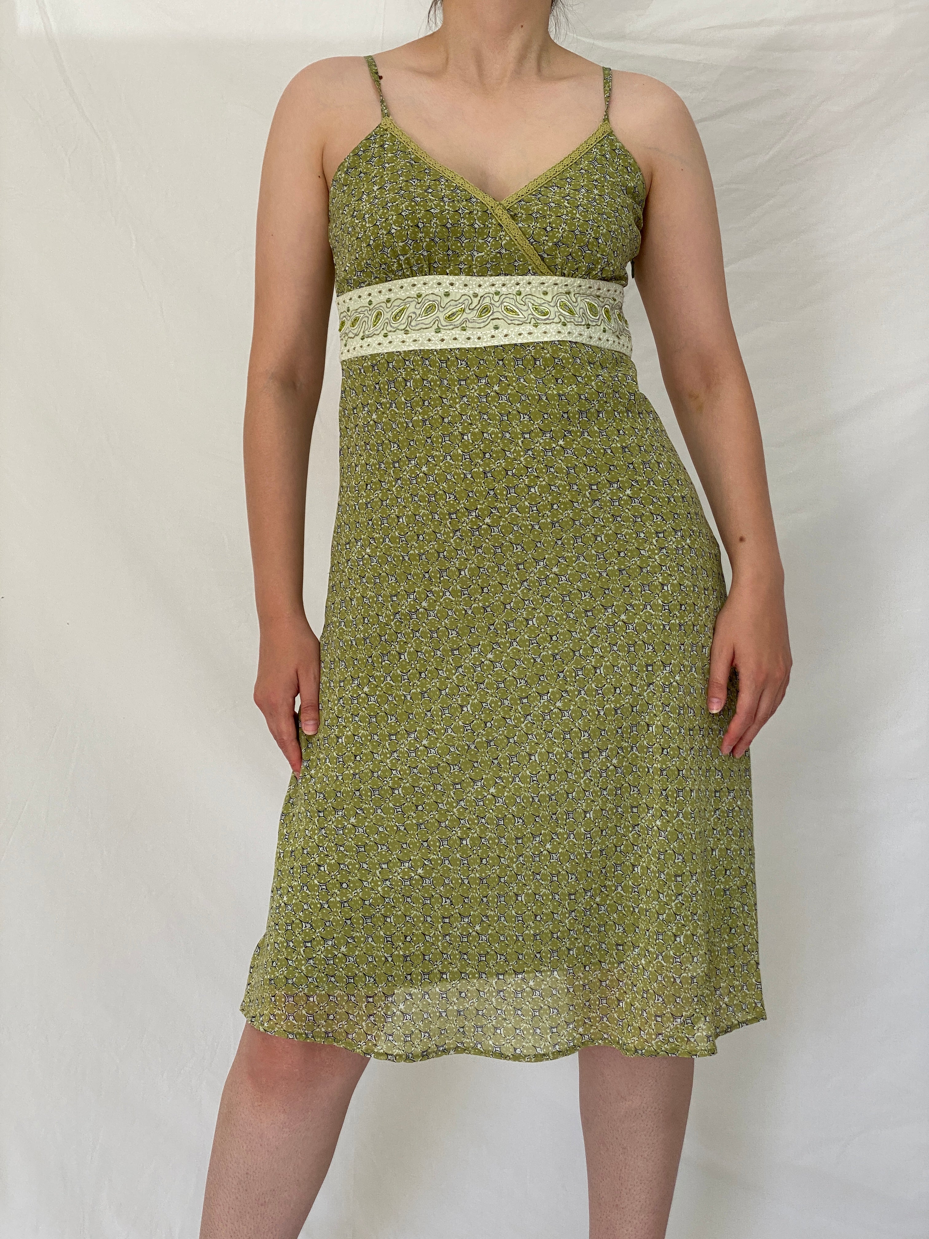 Y2K Vero Moda Olive Green Paisley Floral Beaded Midi Dress – M