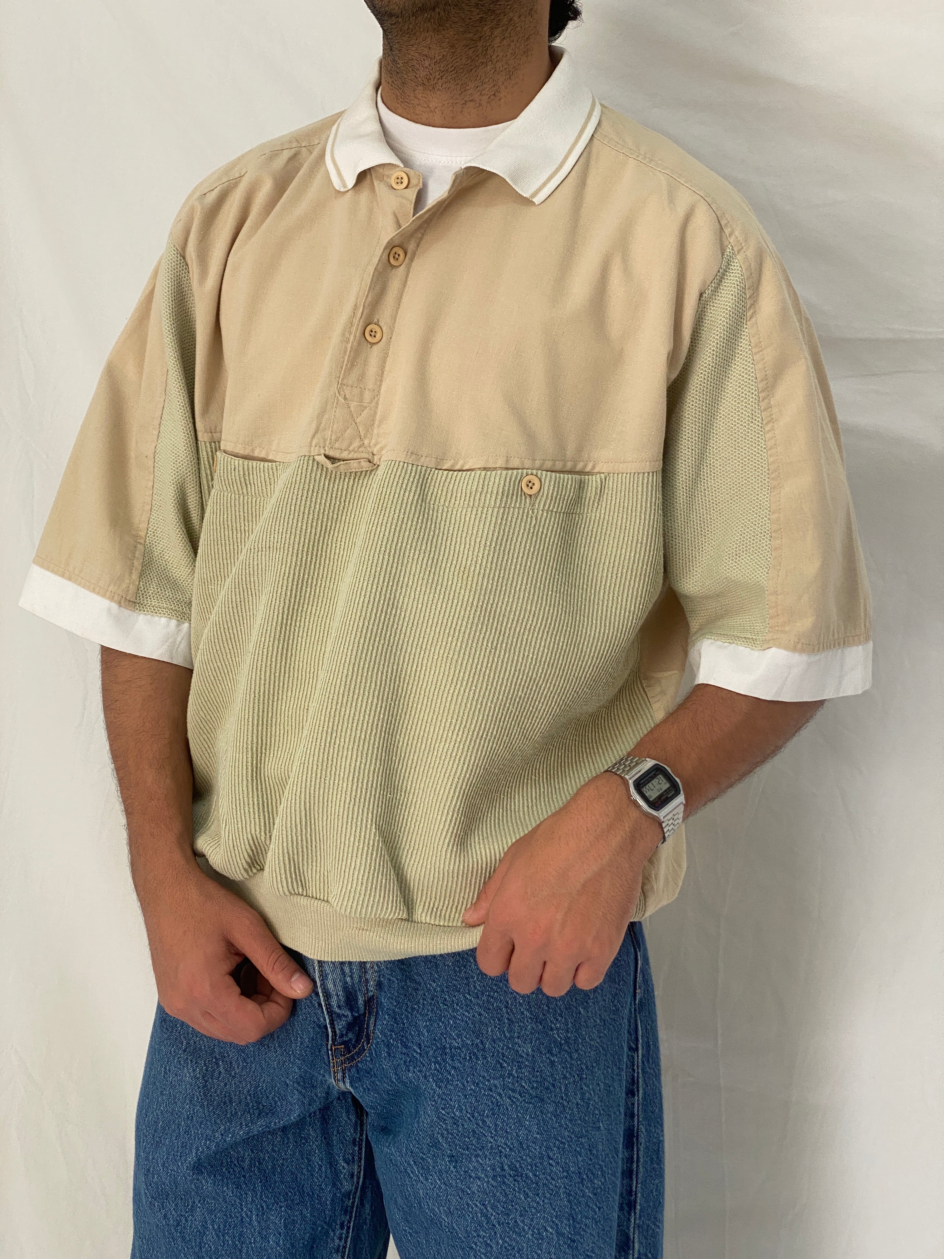 90s Beige Ribbed Elastic Waist Polo Top Minimalist Color Block Shirt – L