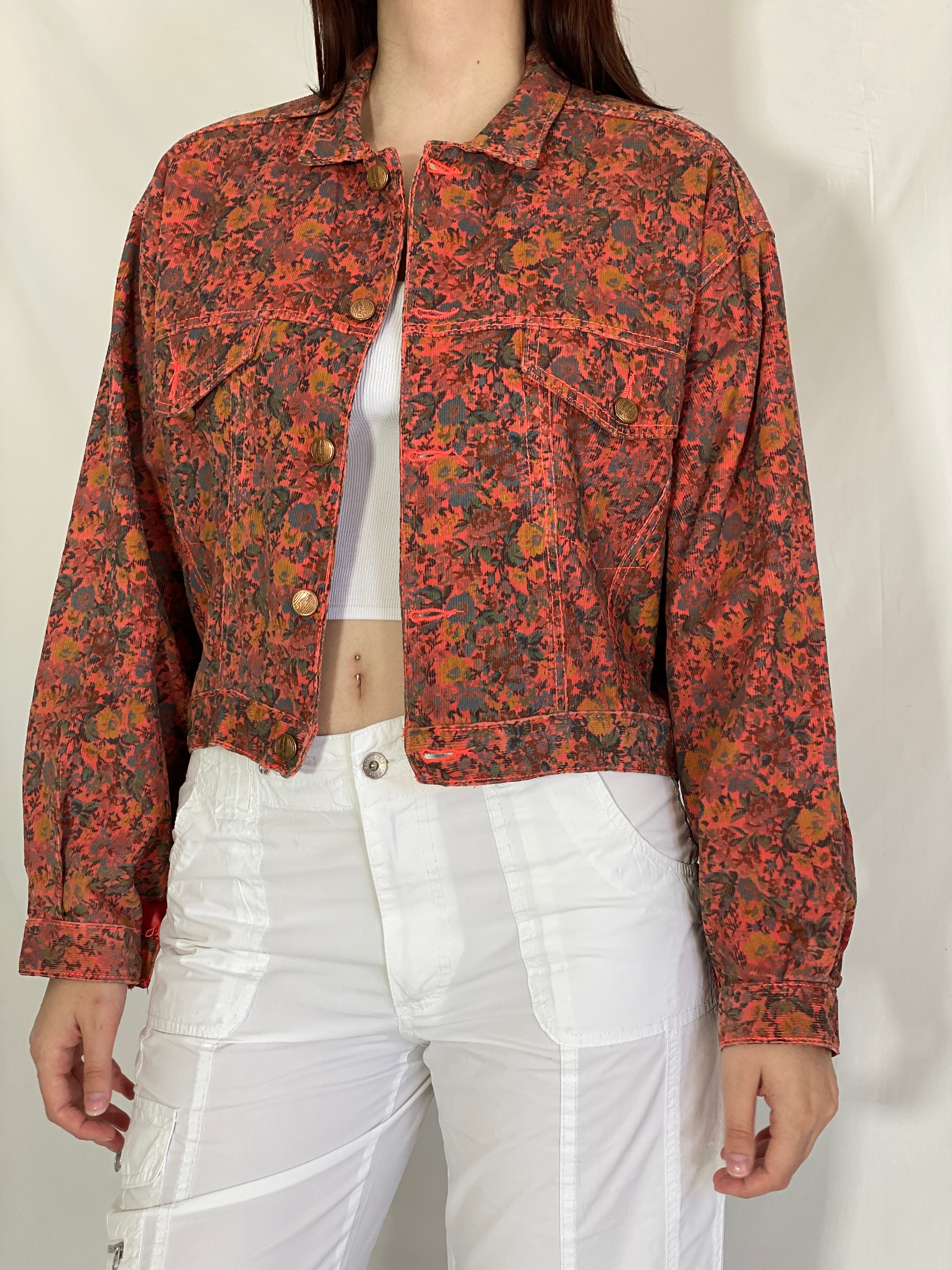 Vintage 90s Rita Marlow Cropped Oversized Floral Denim Jacket - L