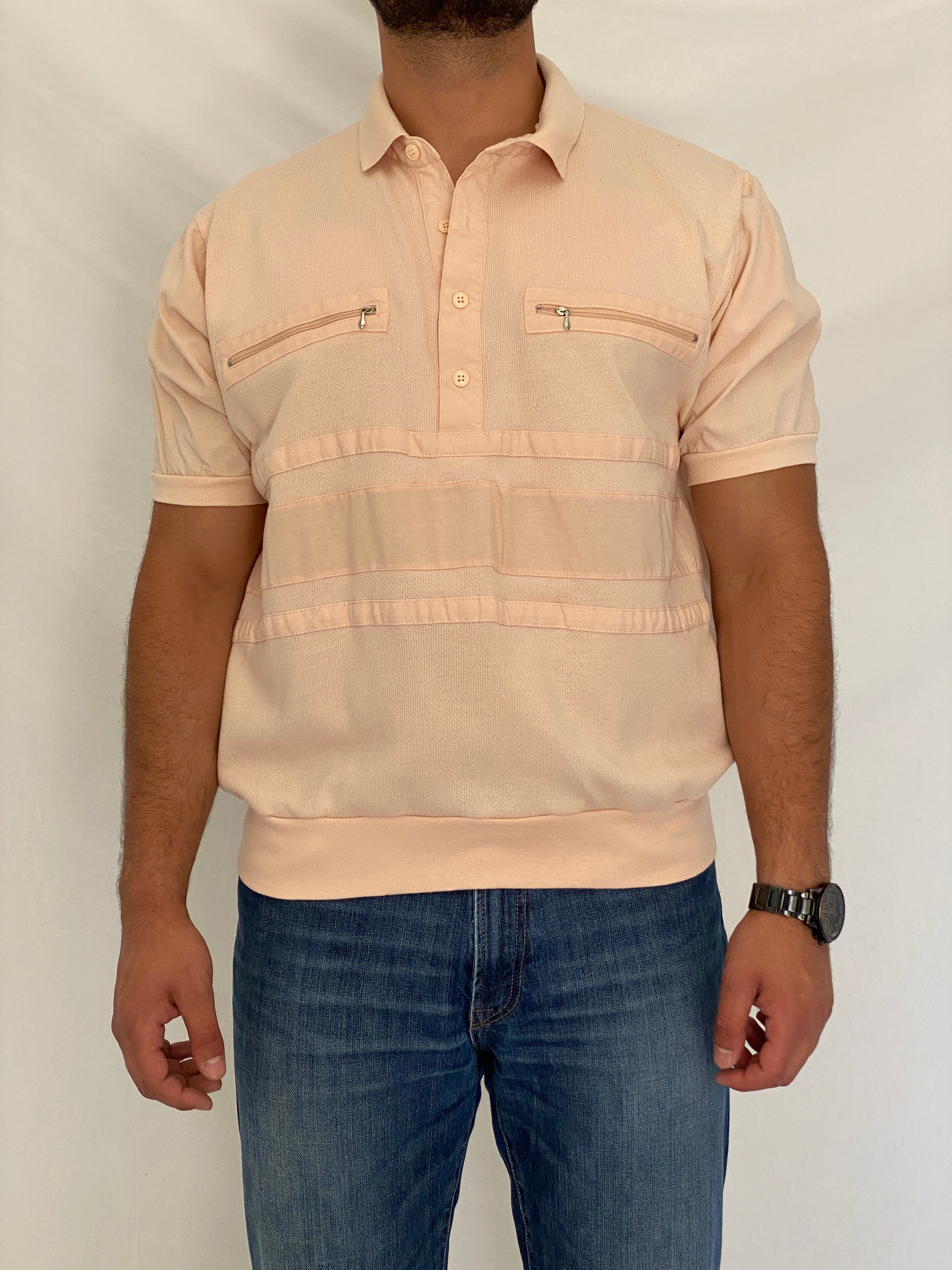 Vintage Dino di Milano Peach Knit Polo Pullover Zip Pocket Shirt – 2XL