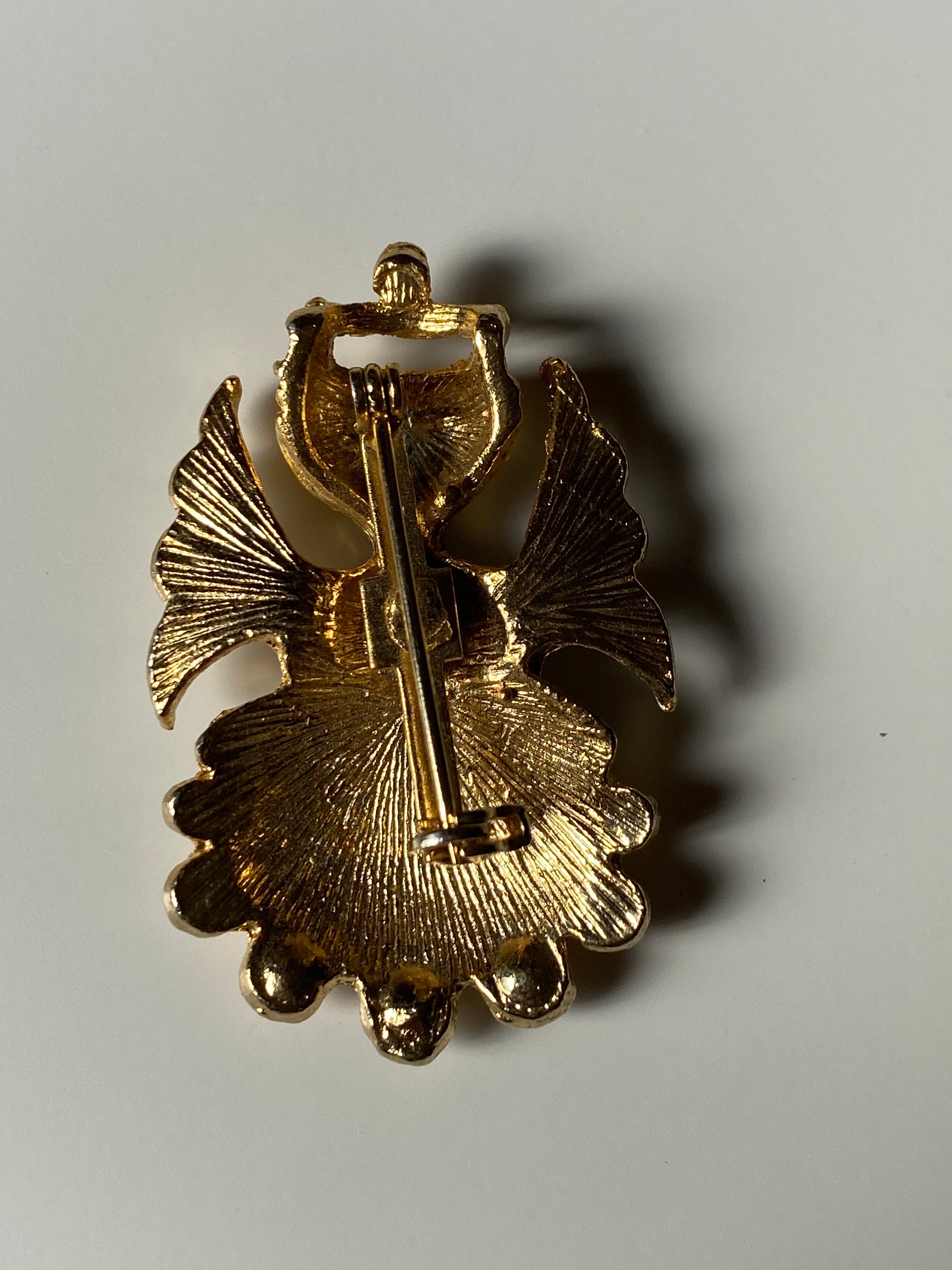 Vintage Gold-Tone Enamel Angel Brooch Red Rhinestone Retro Jewelry Pin