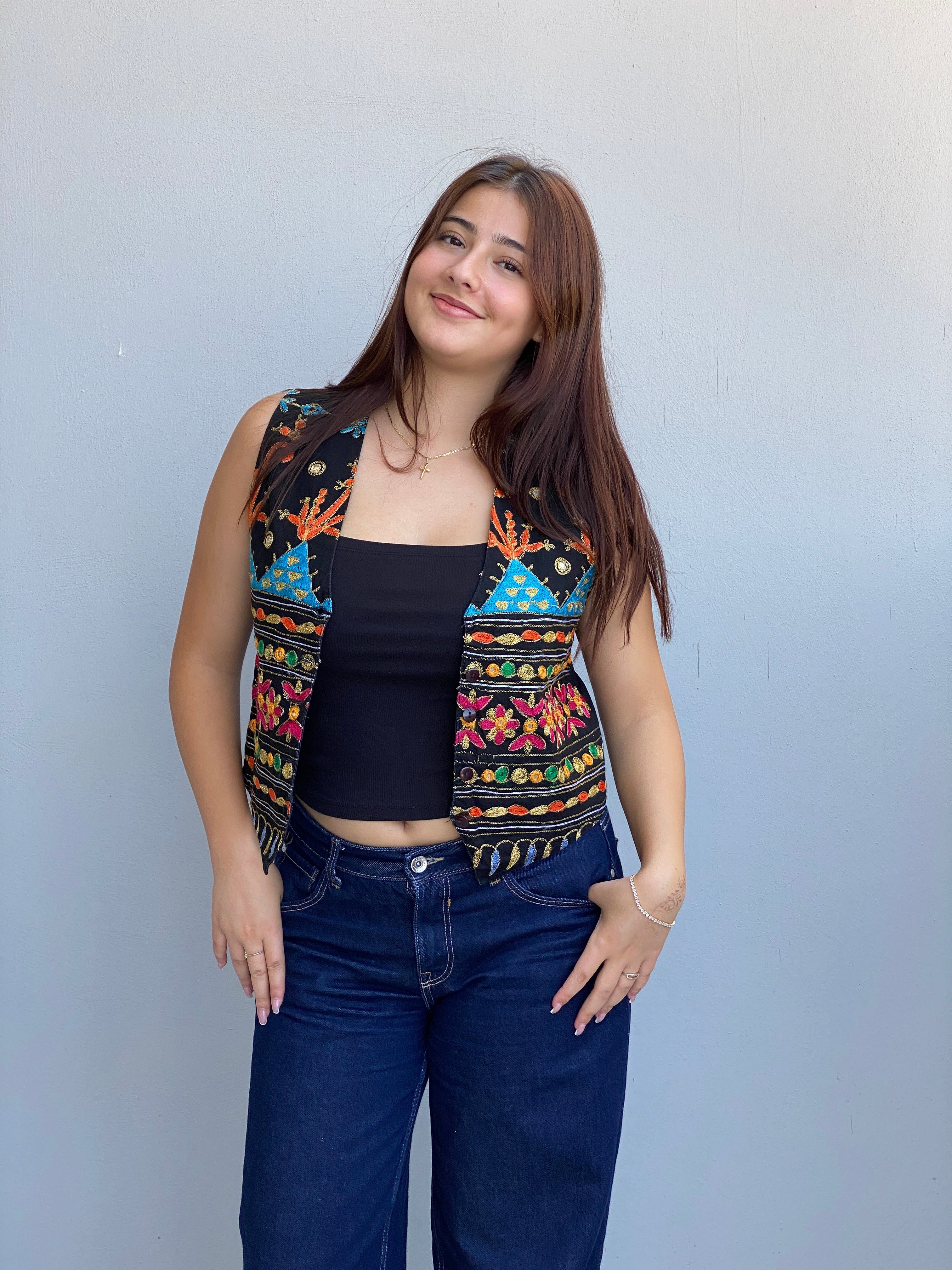 Vintage 90s Strike A Pose Black Embroidered Cotton Boho Festival Vest - S