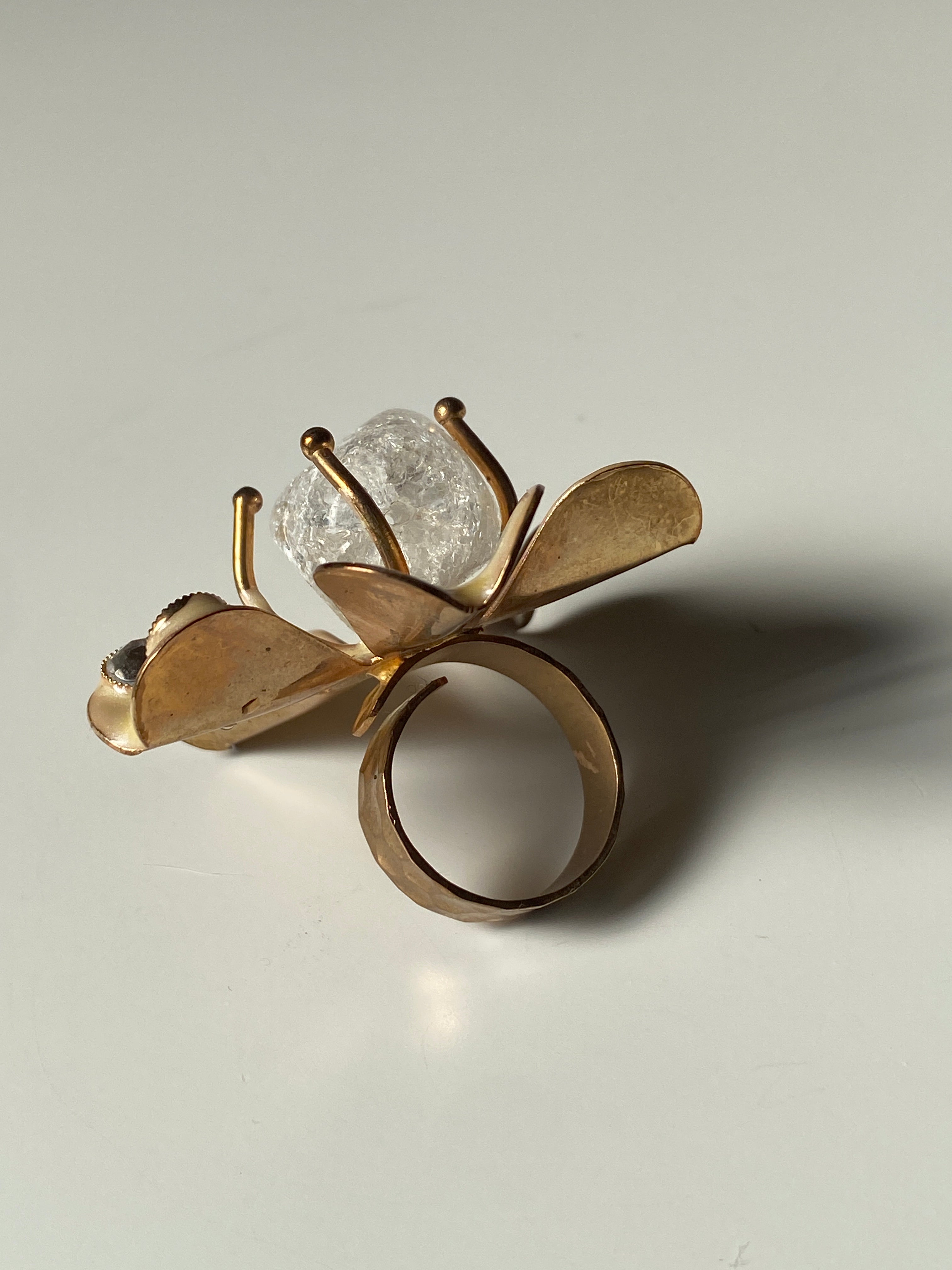 Vintage Enamel Flower Statement Ring with Crackle Glass Center - Gold Tone Art Jewelry