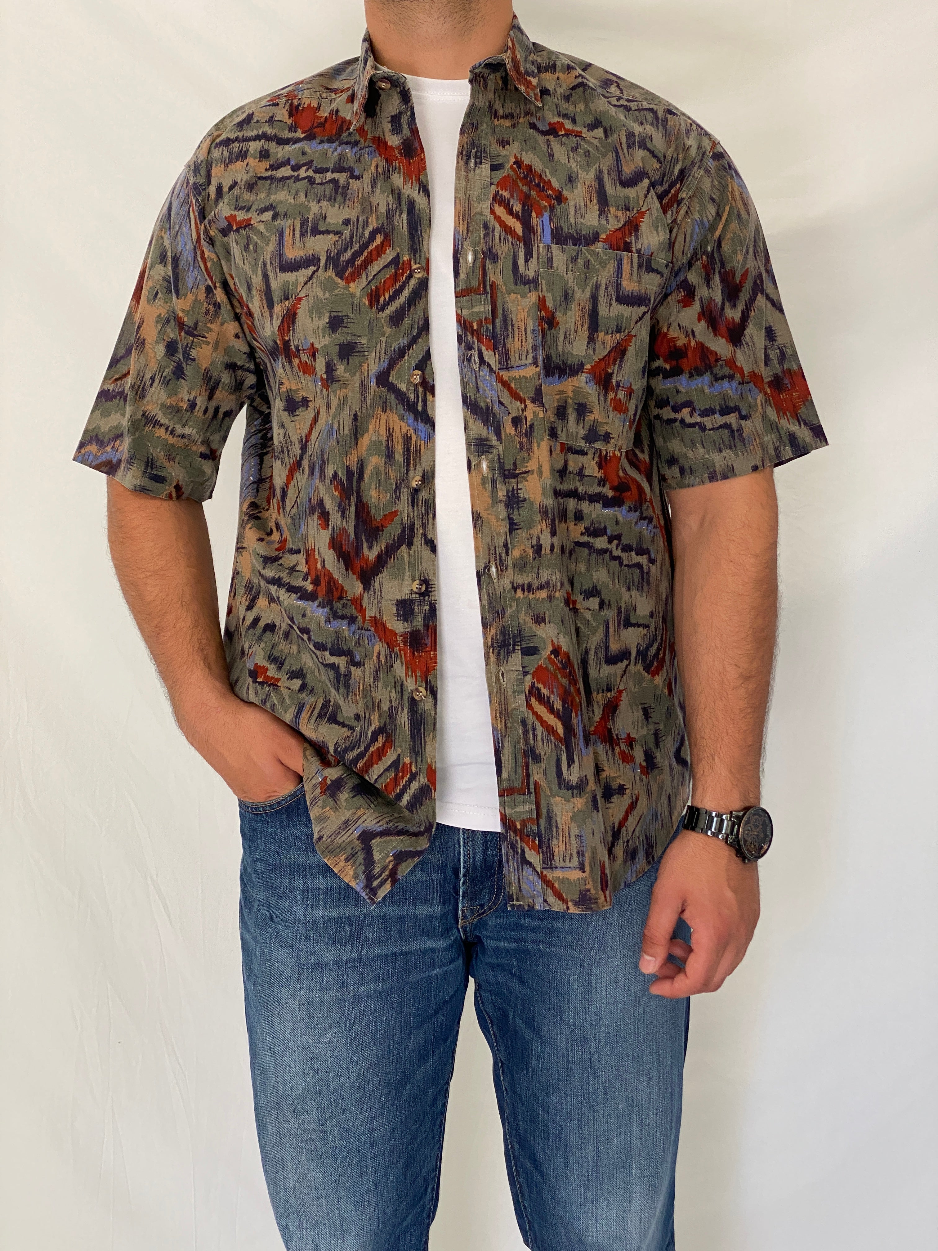 Vintage Bachrach Abstract Short Sleeve Olive Cotton Blend Shirt – L