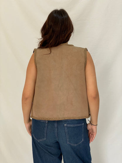 Vintage Tan Suede Braided Trim Western Boho Layer Vest - L