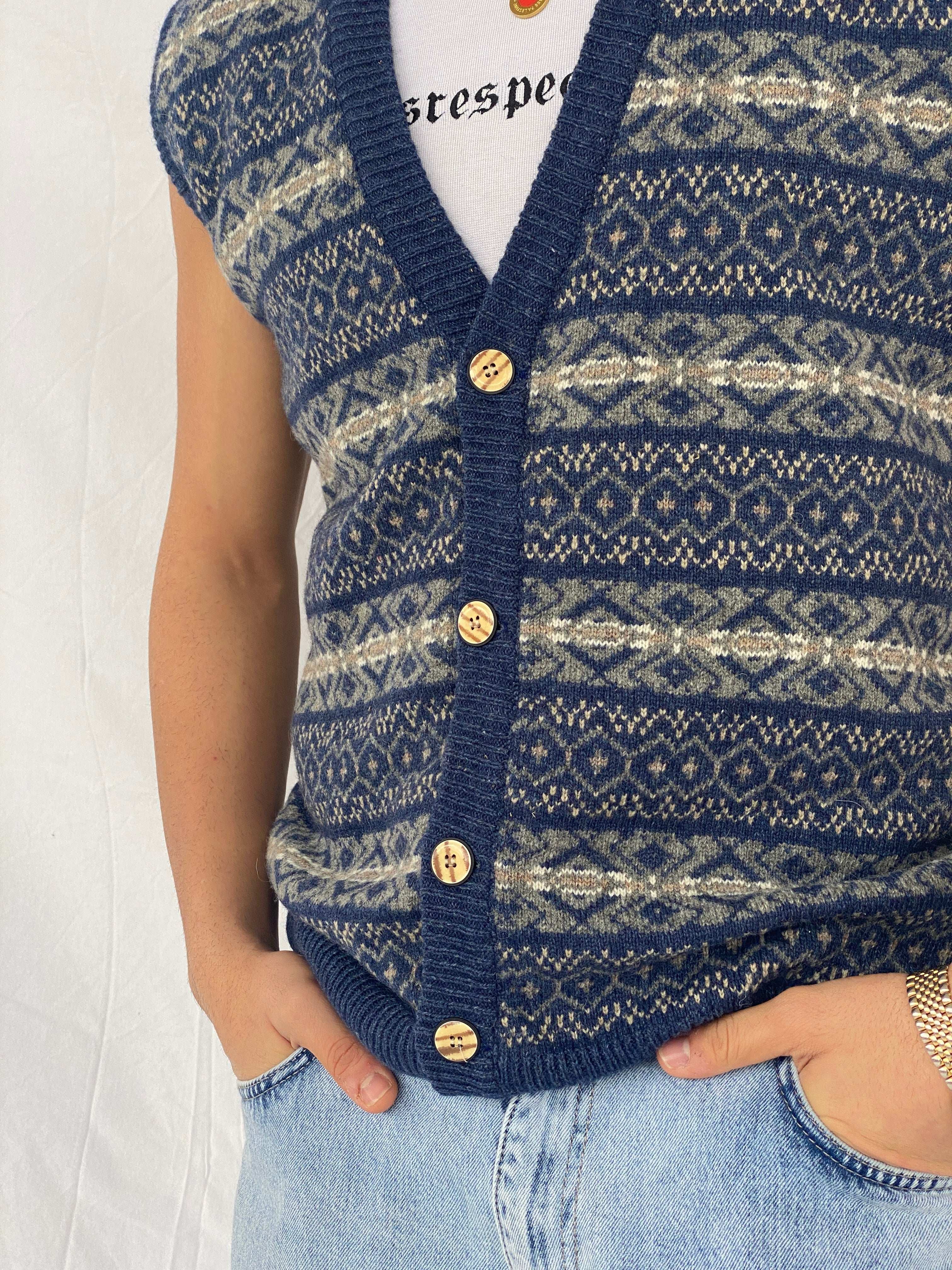 Vintage Shetland Navy Button-Up Knitted Sweater Vest - Size L - Balagan Vintage Vest 90s, Abdullah, vest, winter