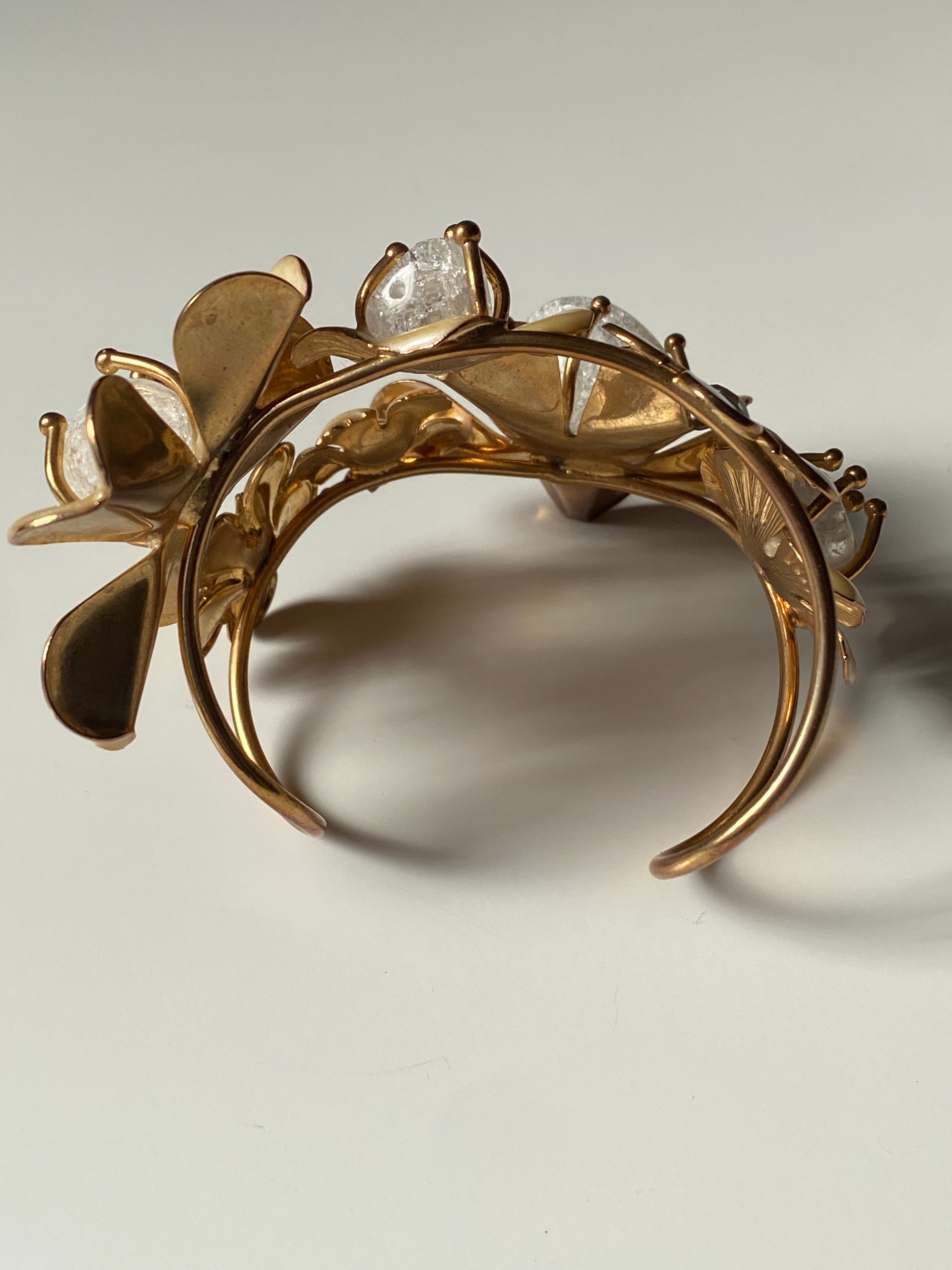 Vintage Floral Statement Bracelet with Enamel Petals & Crackle Glass Stones