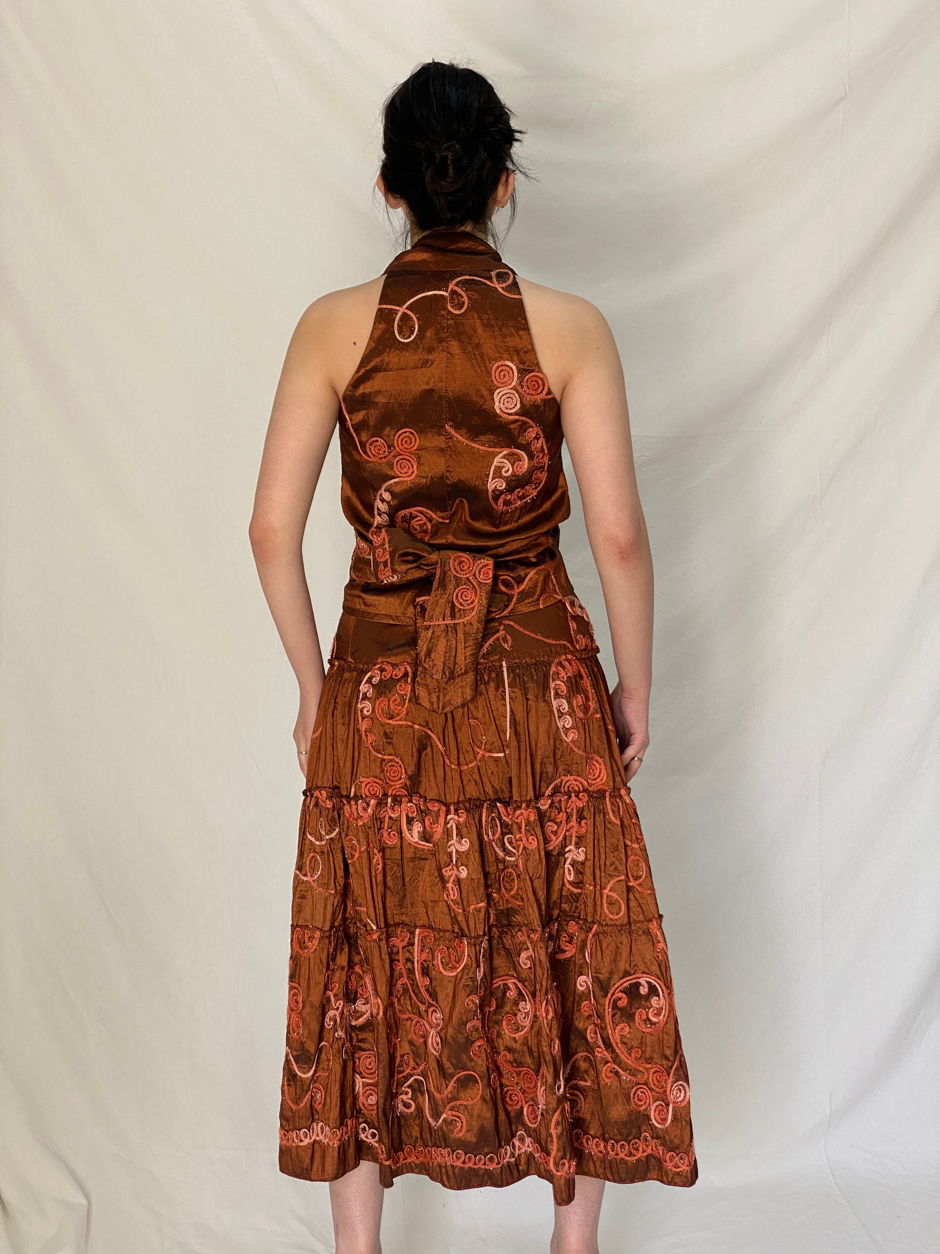 Vintage Over 16 Embroidered Metallic Brown Wrap Halter Top & Tiered Midi Skirt Co-ord Set - M