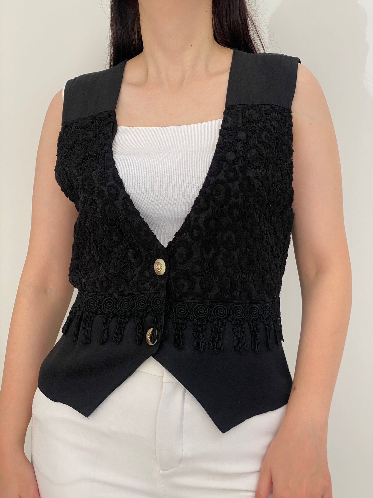 Vintage 90s Black Lace Romantic Tailored Waistcoat Vest - M