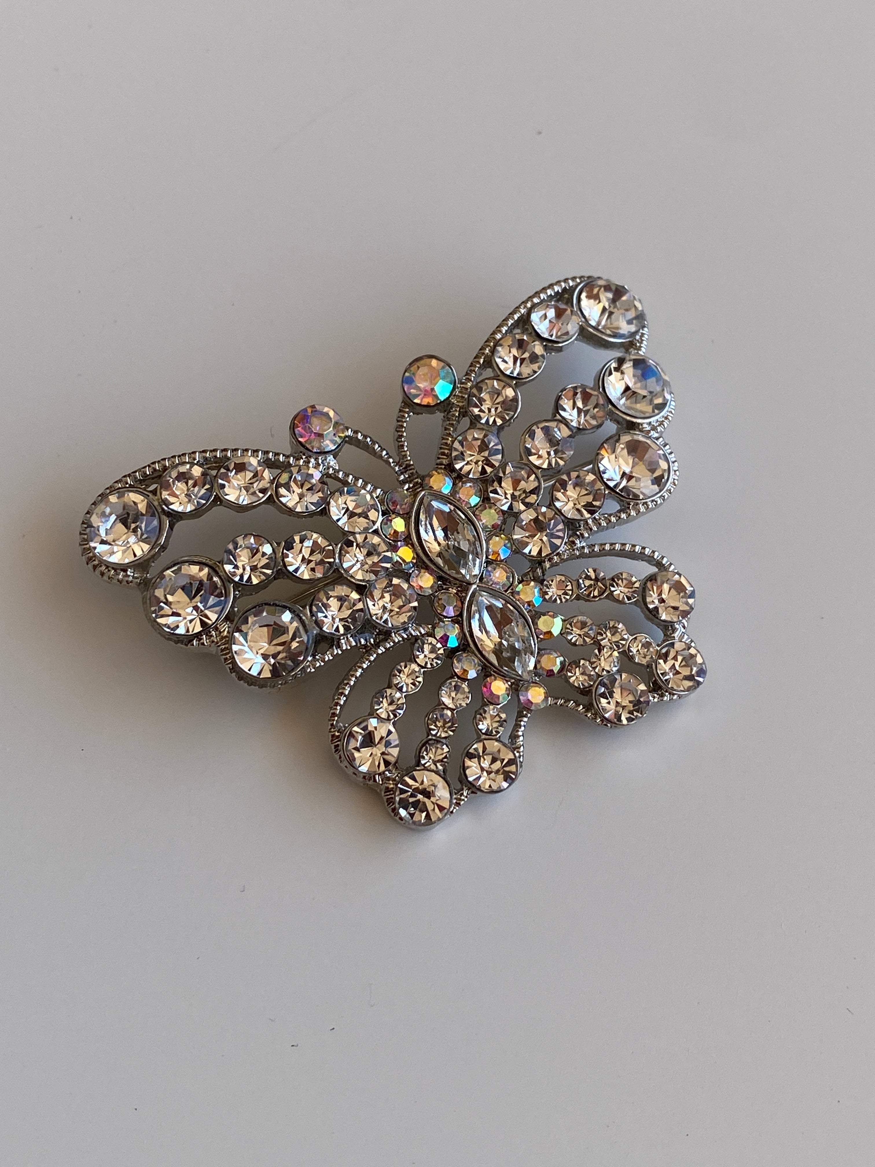 Statement Vintage Silver-Tone Clear Rhinestone Butterfly Brooch
