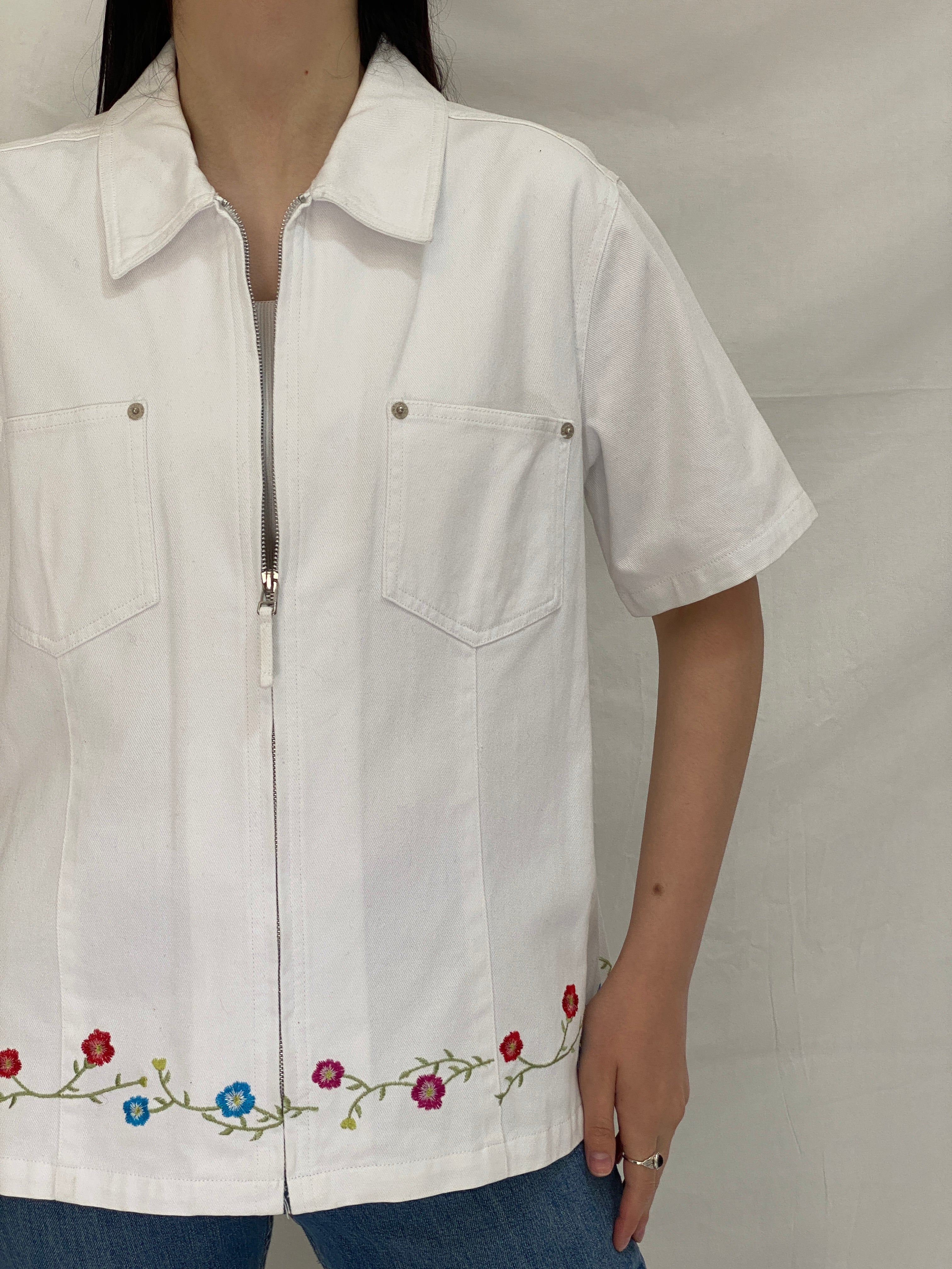Vintage Denim & Co White Cotton Floral Embroidered Zip Shirt Jacket - L