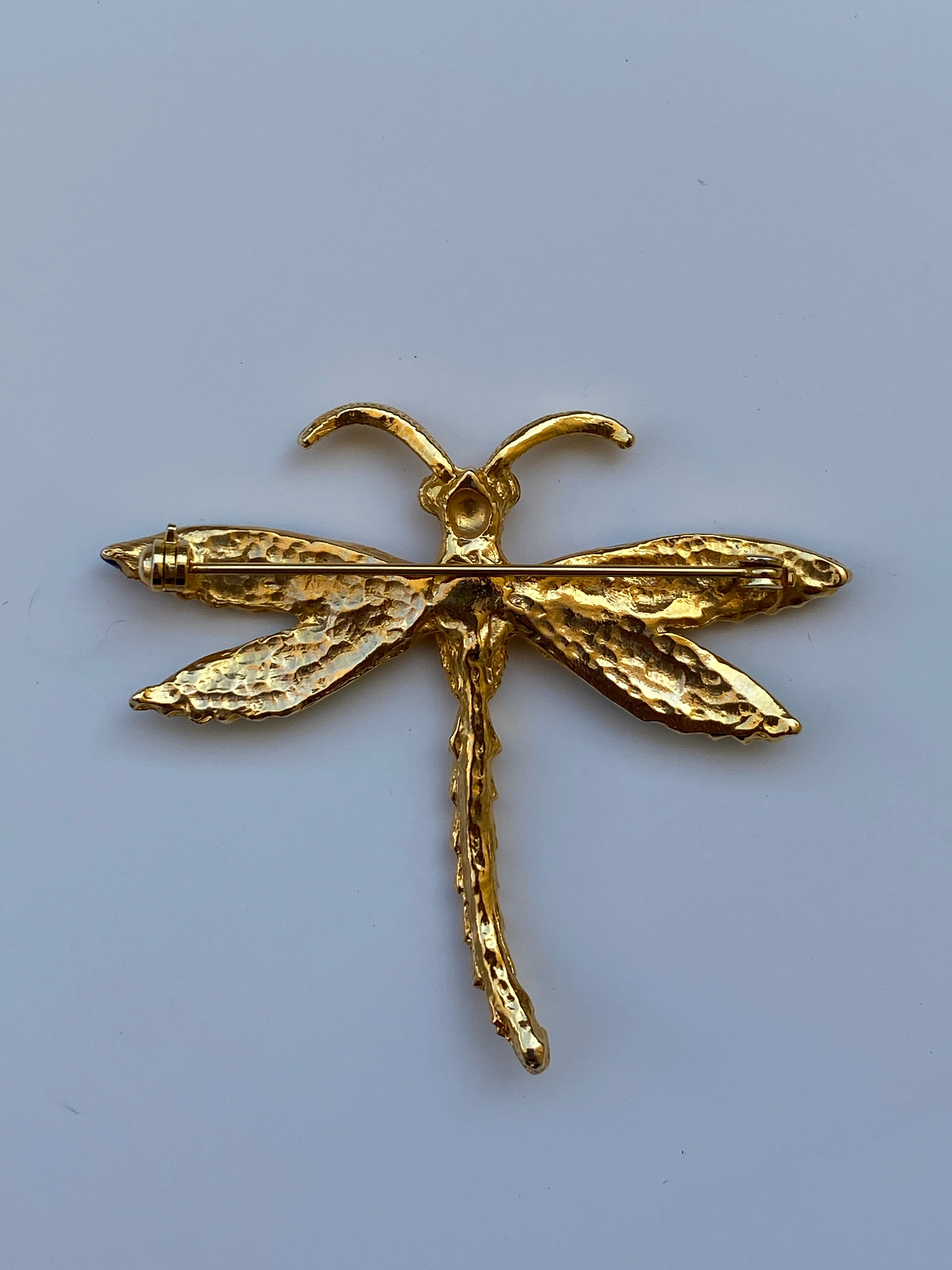Vintage Gold Tone Enamel Dragonfly Brooch Blue & Green Winged Statement Pin