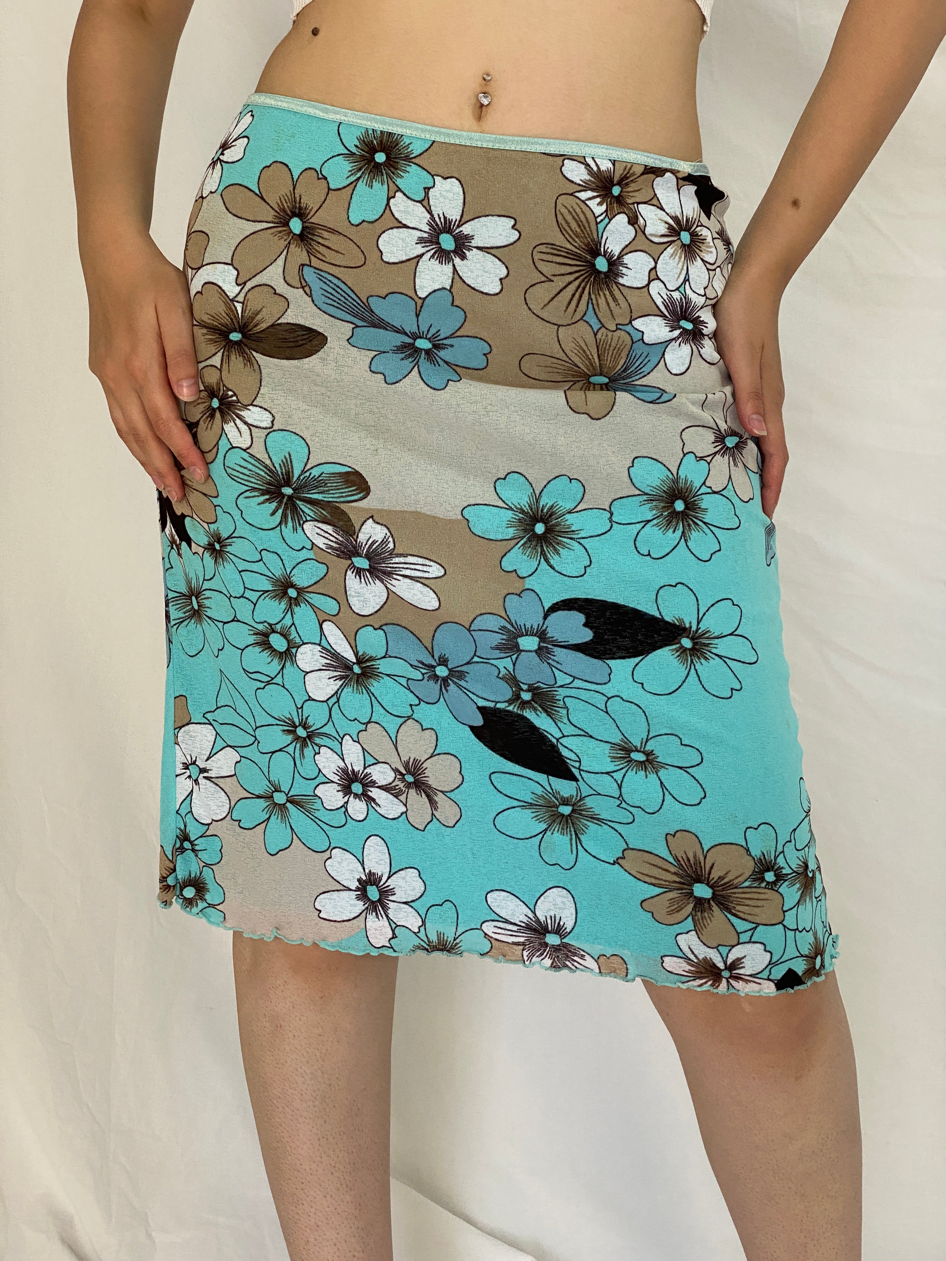 Vintage Y2K Aqua Blue & Beige Floral Print Stretch Midi Skirt - M