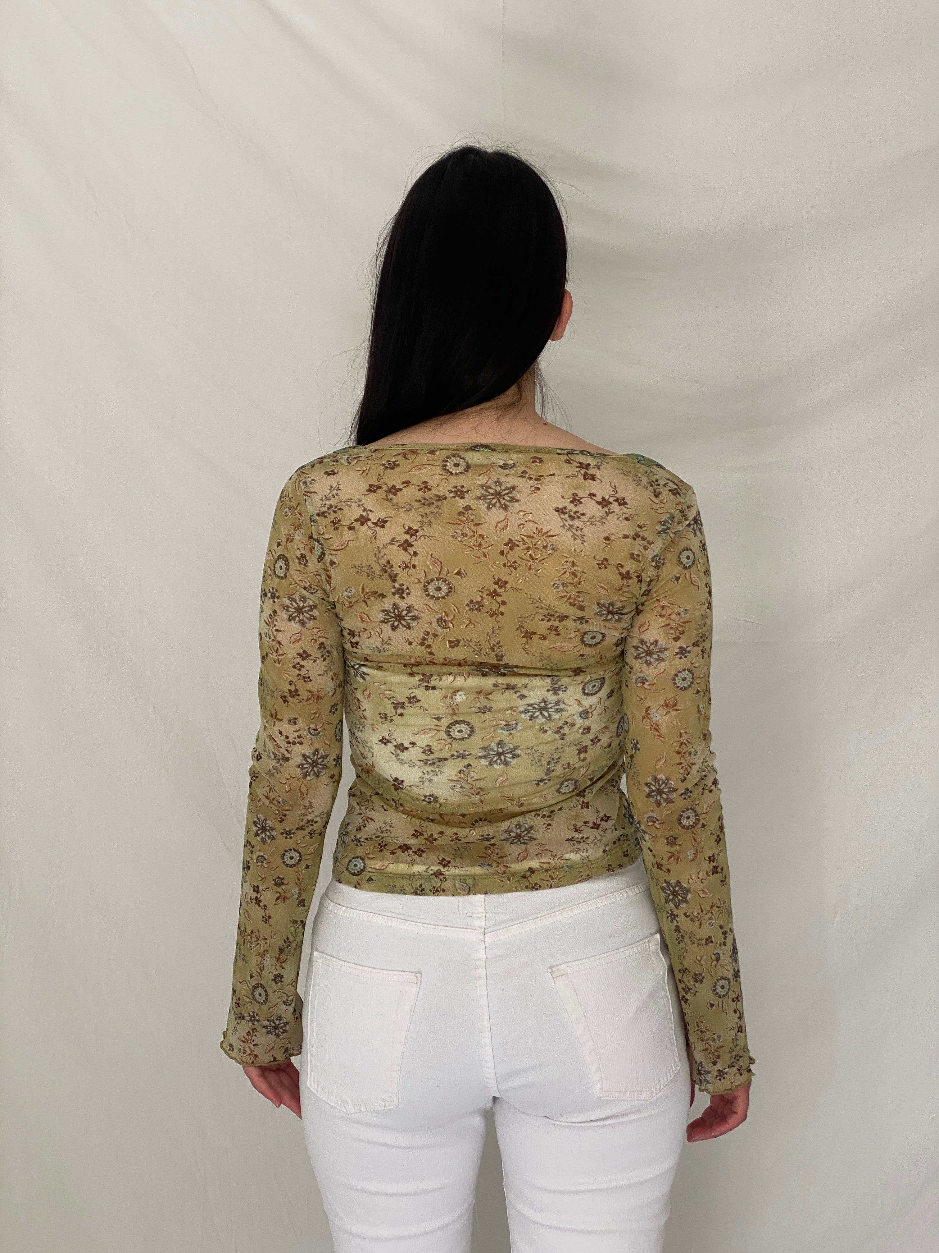 Y2K Bershka Mesh Sage Green Fairy Grunge Floral Long Sleeve Top – M