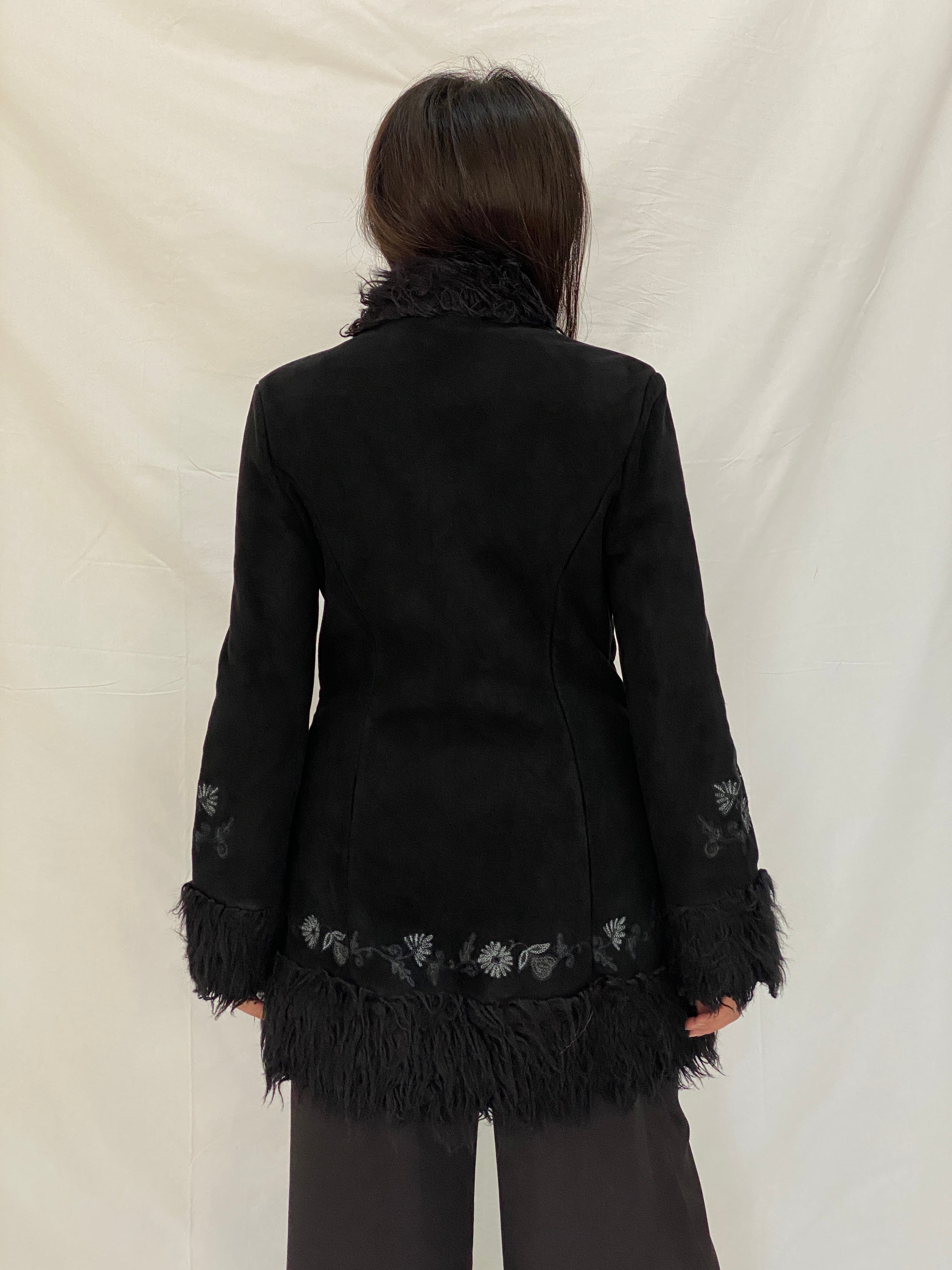 Vintage NEXT Black Embroidered Faux Suede Penny Lane Coat Y2K Boho Shaggy Trim Jacket - M