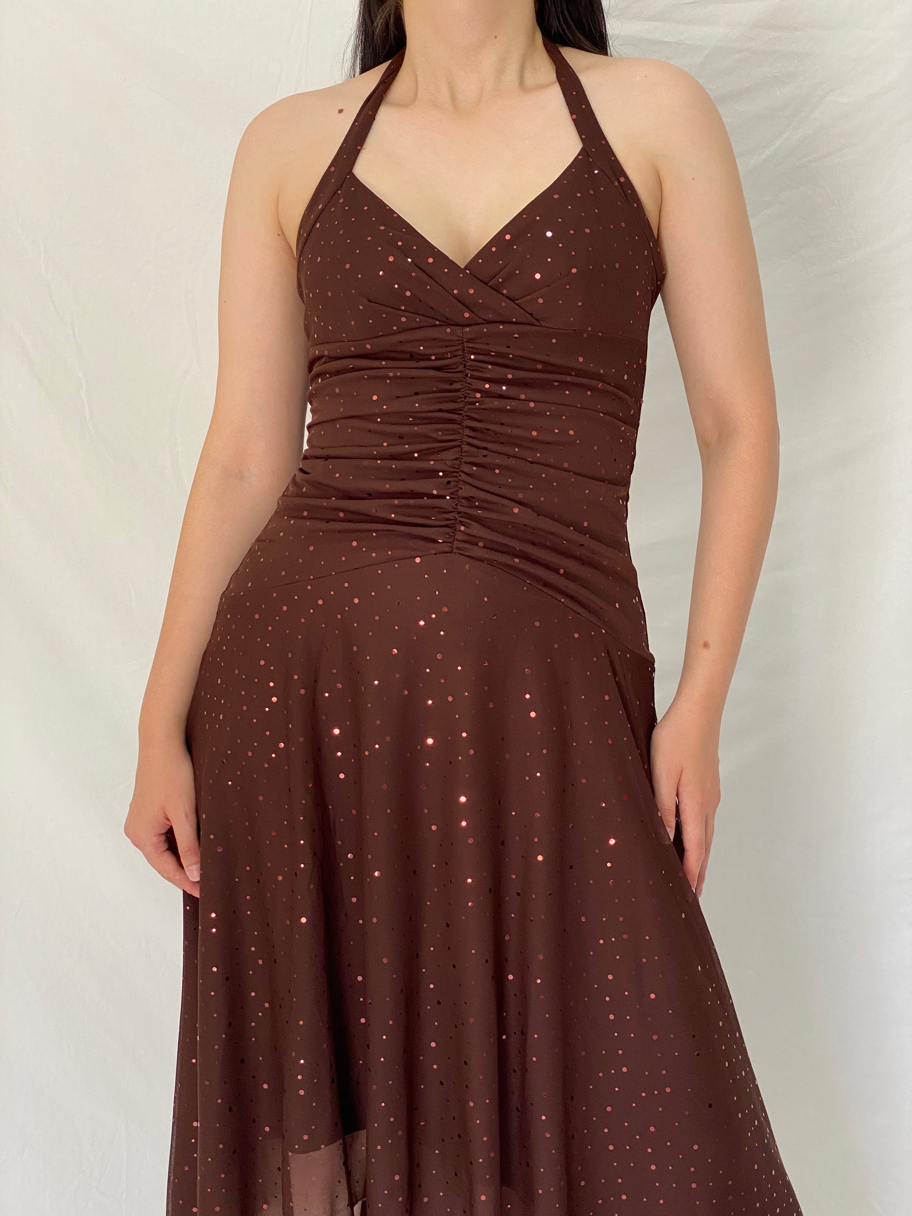 Vintage Y2K City Triangles Chocolate Brown Sequin Ruched Halter High-Low Maxi Dress - M