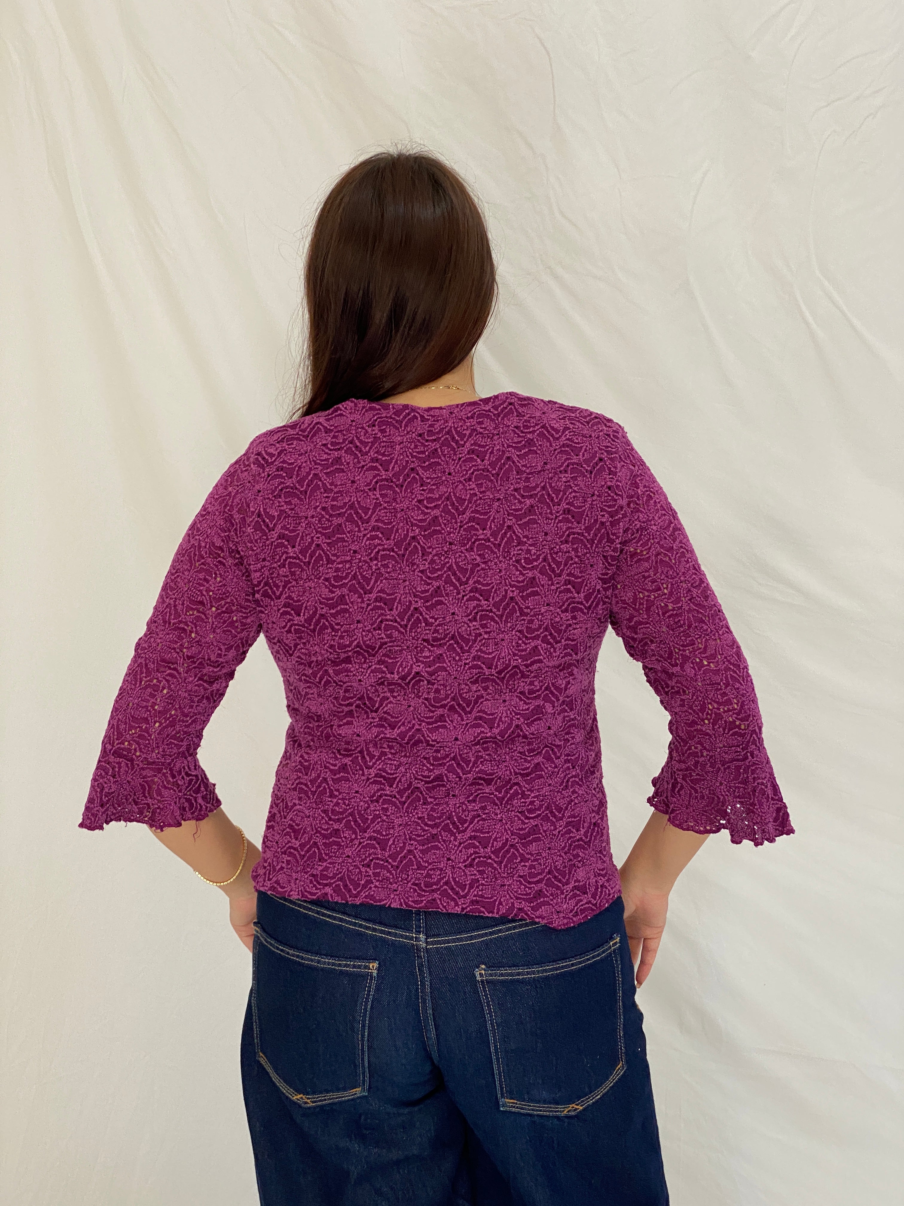 Vintage Y2K Studio 1940 Plum Purple Floral Lace V-Neck Top - L