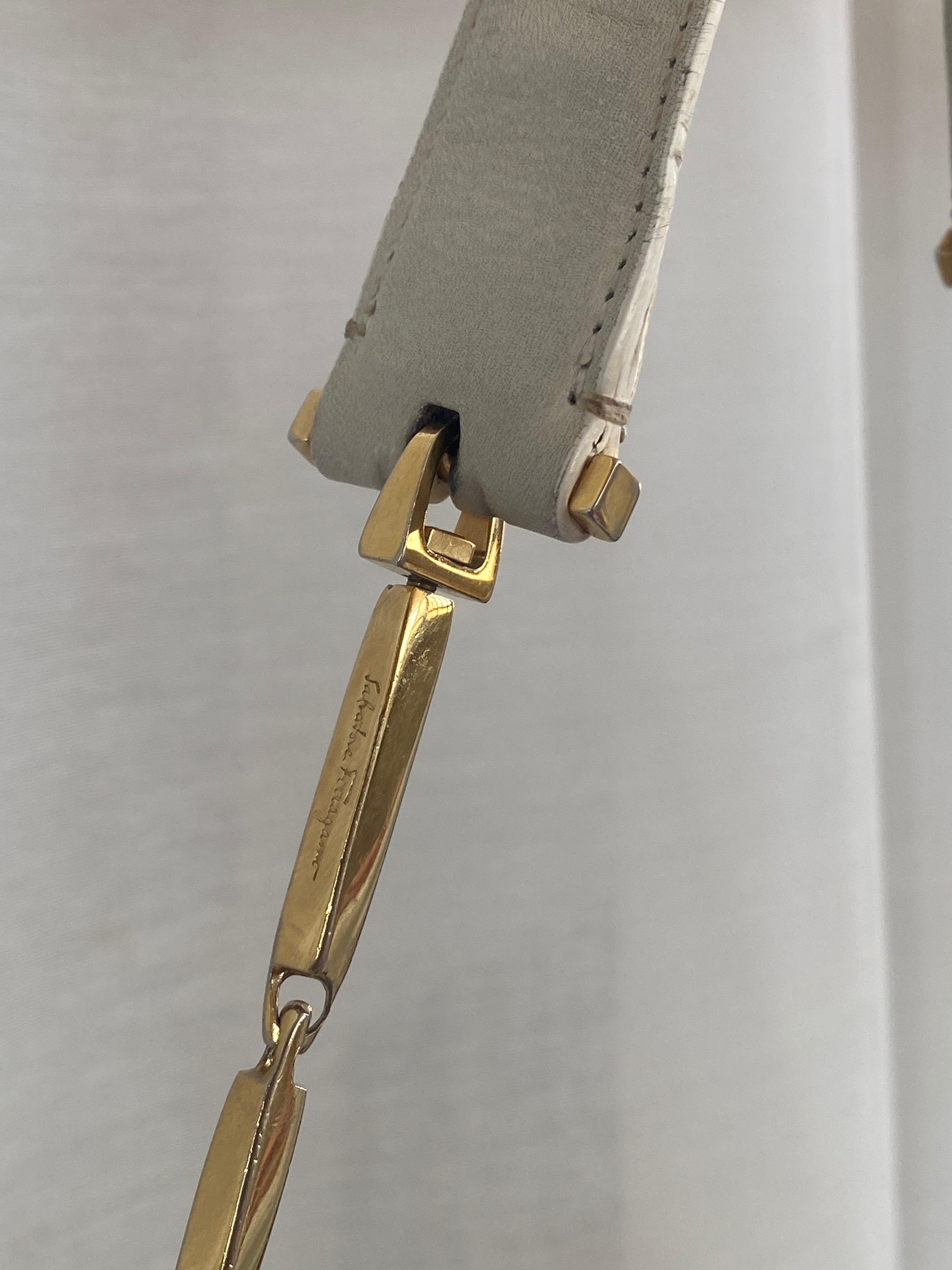 Vintage Salvatore Ferragamo White Leather Purse Gold Handle Shoulder Bag