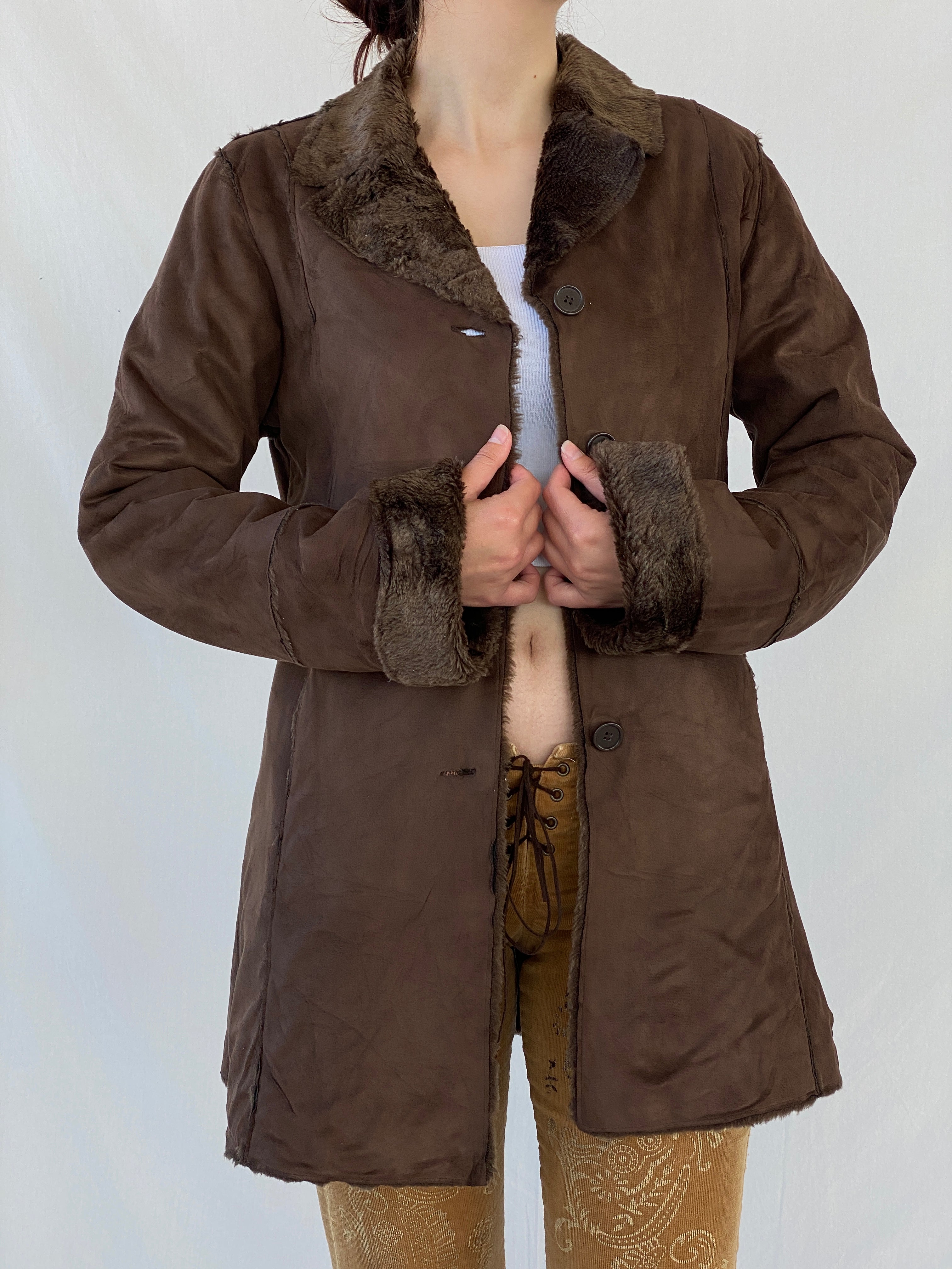 Y2K GINA BENOTTI Brown Afghan Style Fur-lined Coat - S