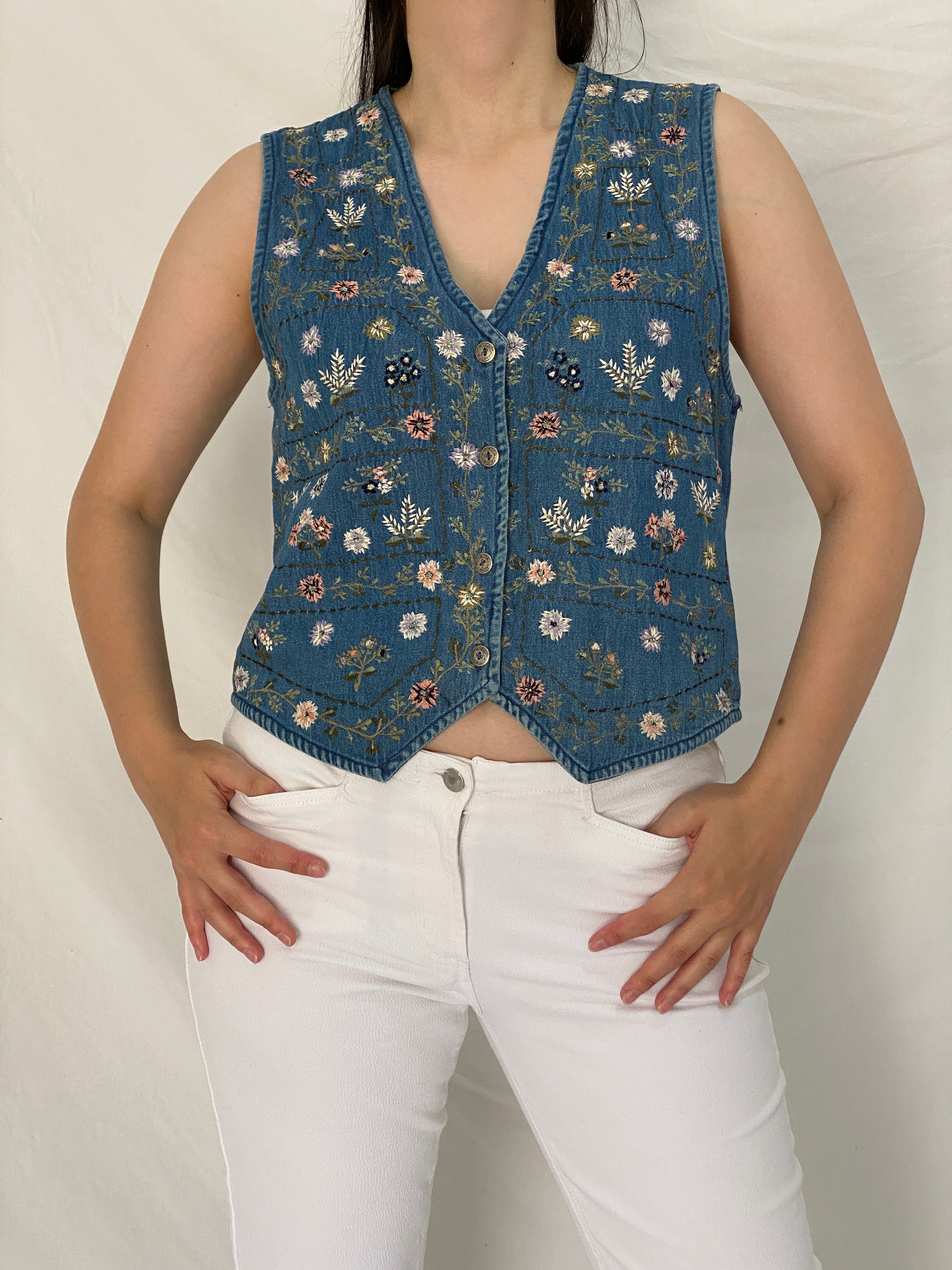 Vintage 90s New Directions Floral Embroidered Beaded Denim Vest – S