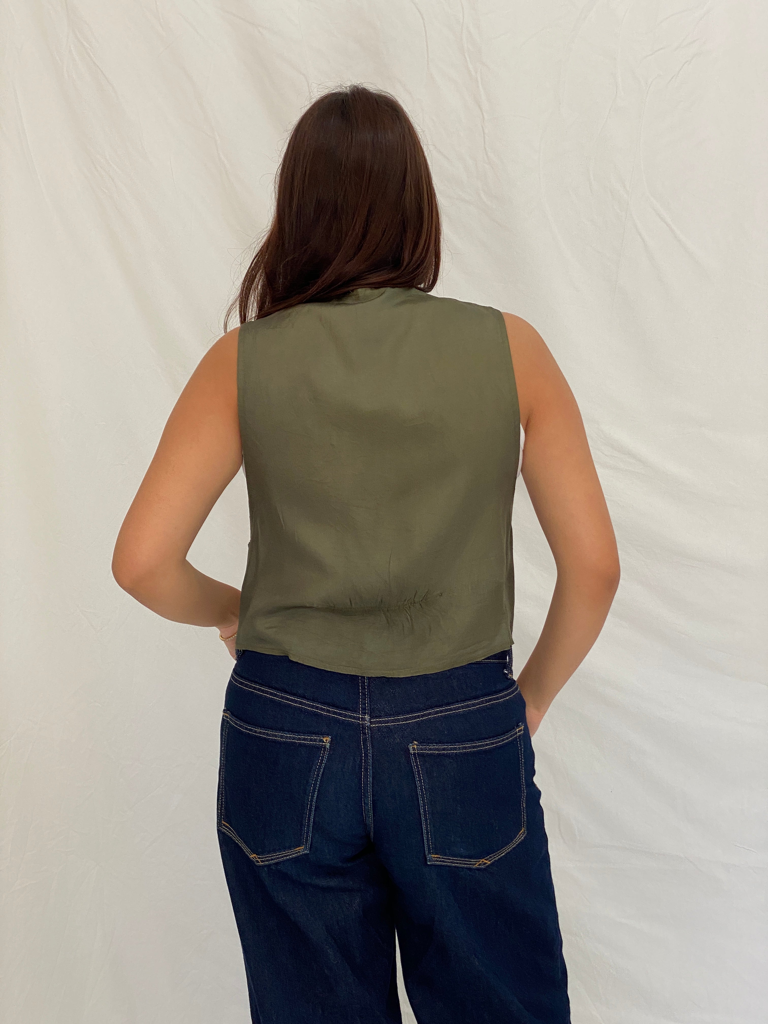 Vintage 90s Floral Tapestry Vest Green Rose Gobelin Waistcoat – L
