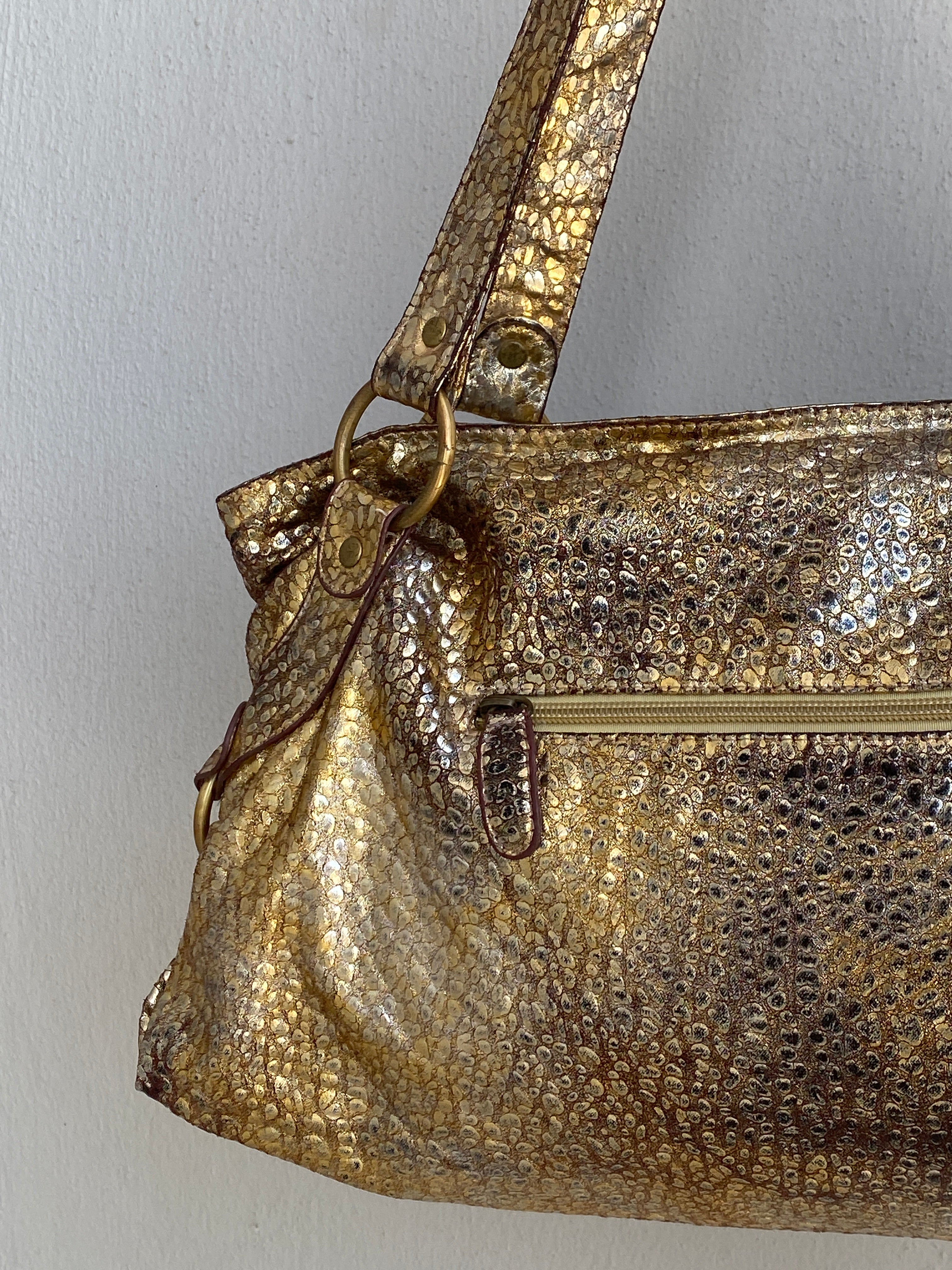 Vintage Y2K Metallic Gold Faux Snakeskin Shoulder Bag