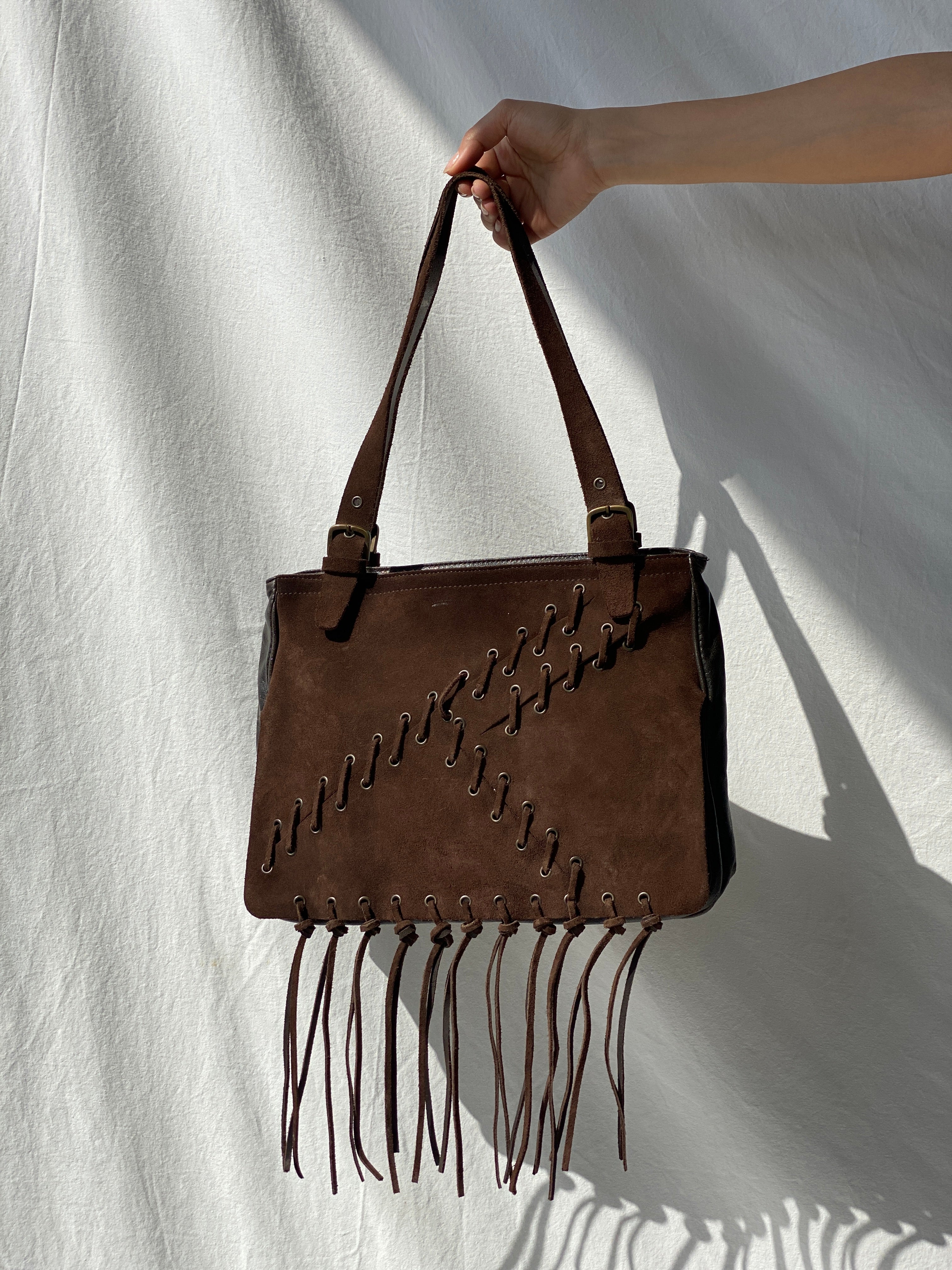 Vintage Malandrino Fringe Dark Brown Genuine Suede Bag