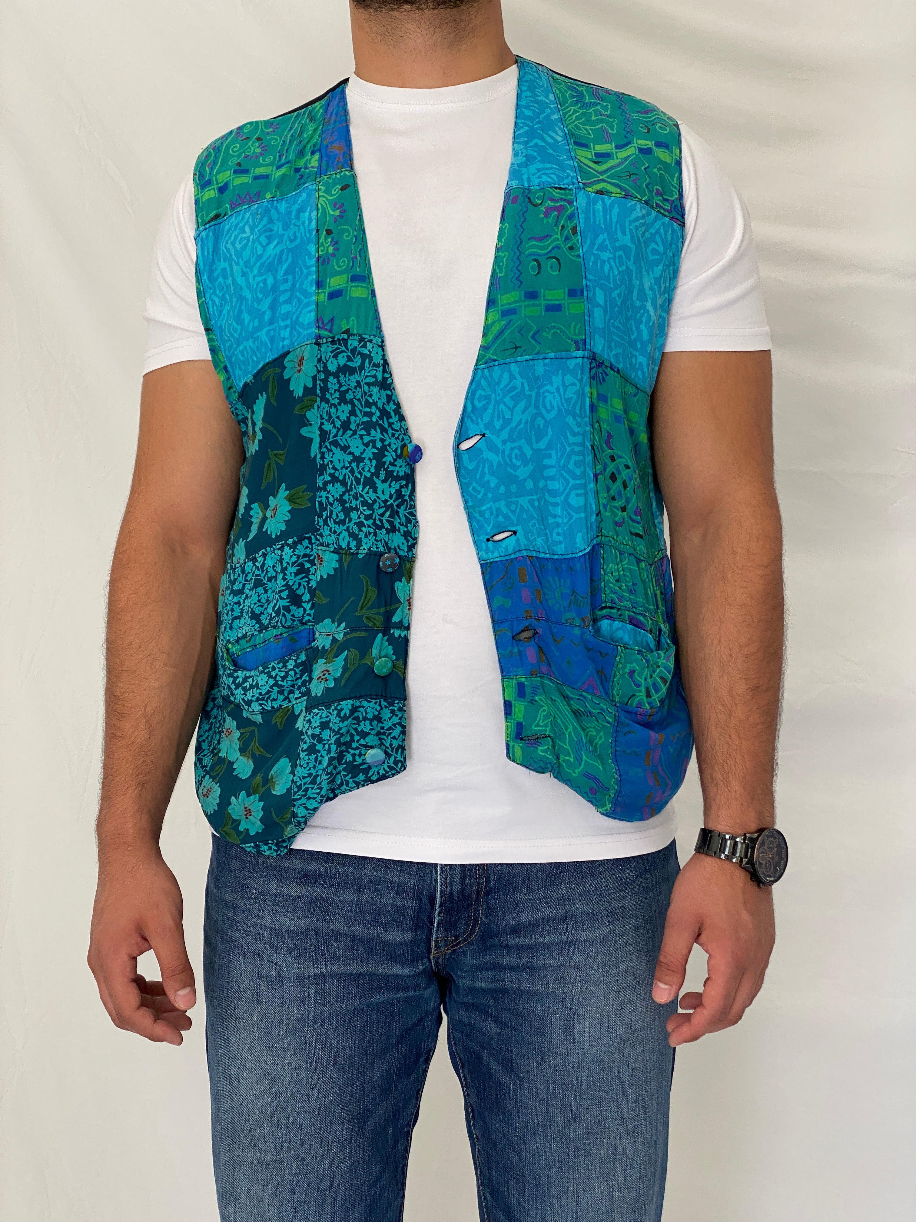 Vintage 90s Nativewear Designs Blue Green Patchwork Boho Festival Vest – XL
