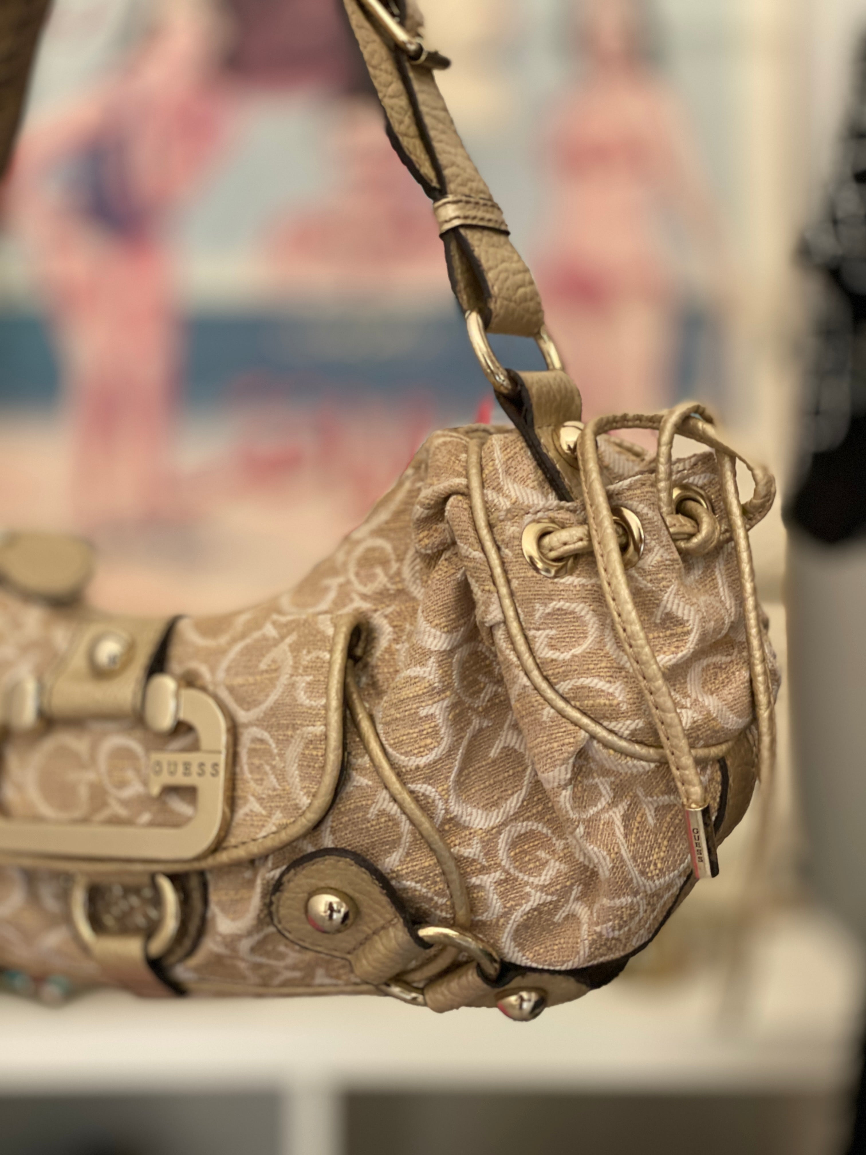 Vintage Y2K Guess Beige Monogram Canvas Moto Hobo Shoulder Bag
