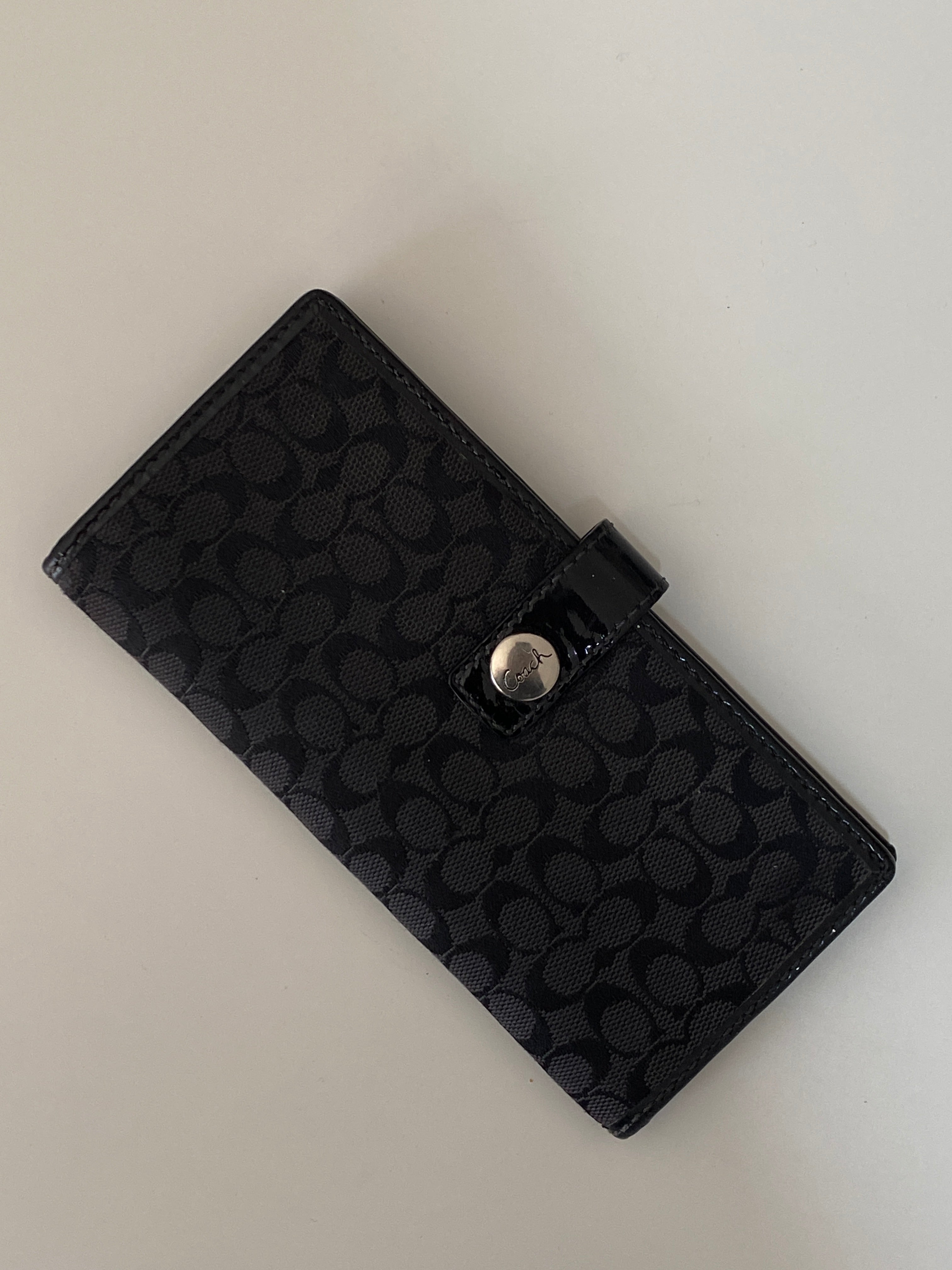 Coach Black Signature C Canvas Long Wallet with Leather Trim