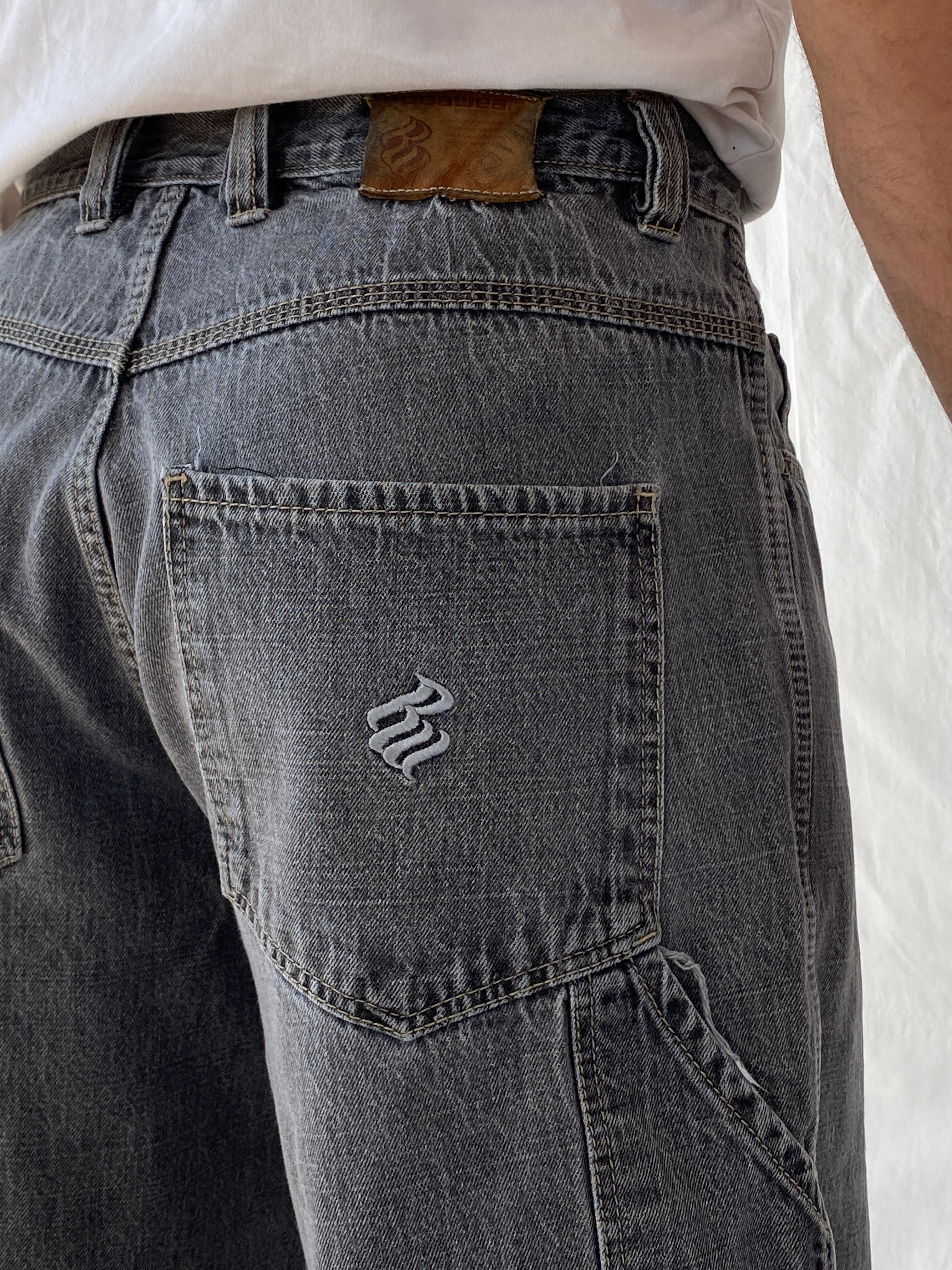 Y2K ROCAWEAR Washed Black Denim Shorts Streetwear Utility Gray Hip Hop Jorts