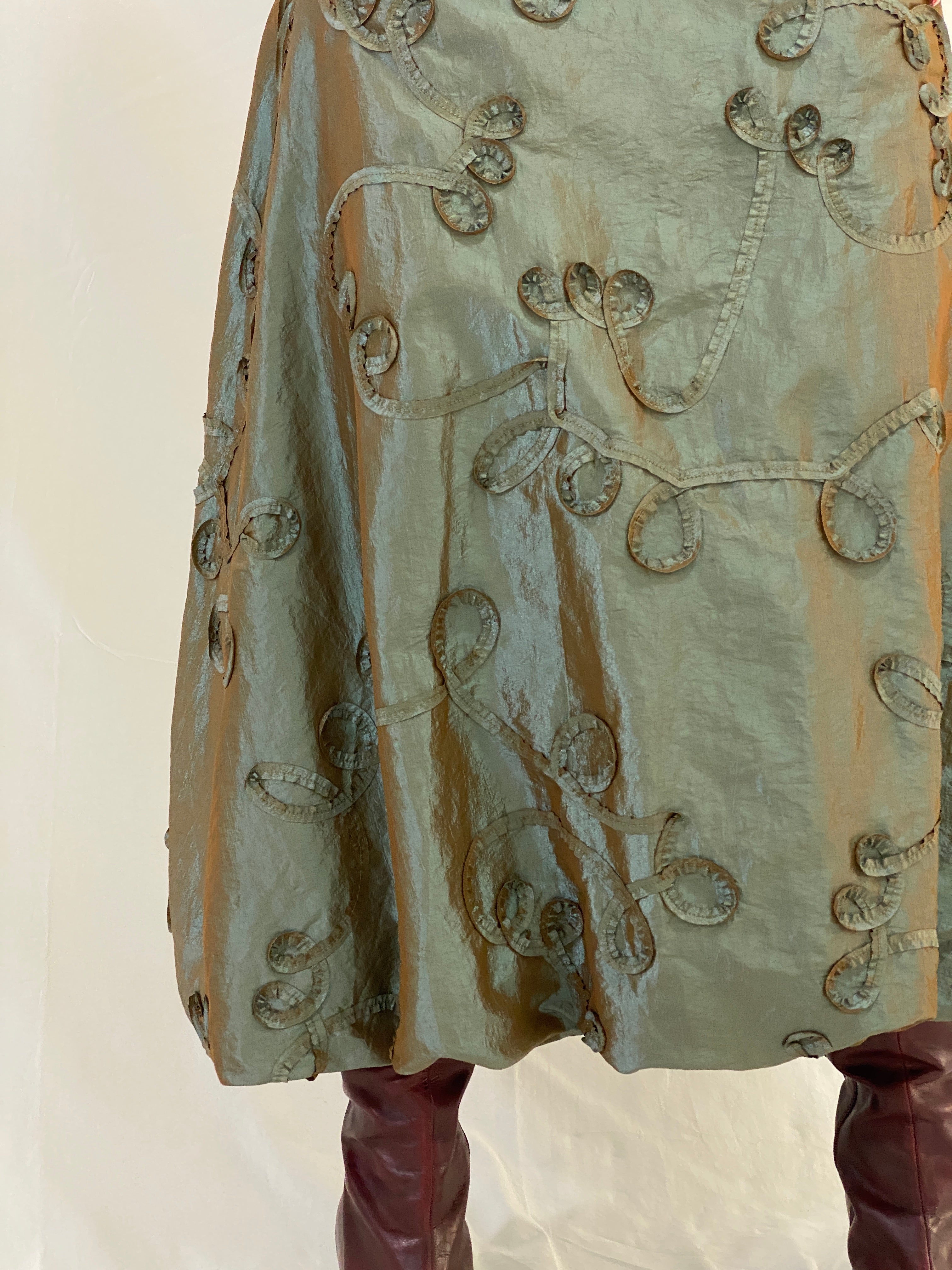 Y2K Kiabi Metallic Olive Midi Skirt with Textured Appliqué Detail - L