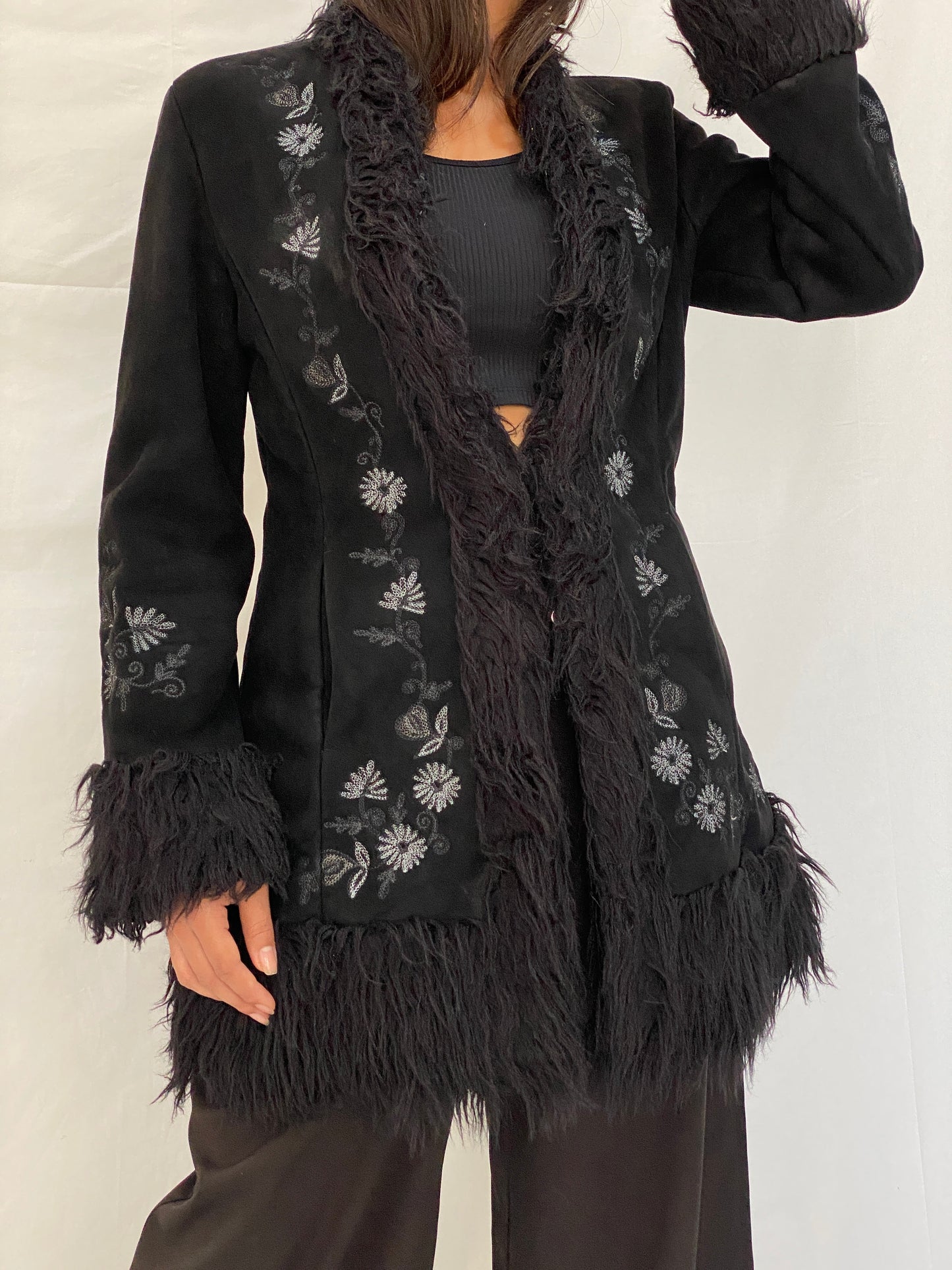 Vintage NEXT Black Embroidered Faux Suede Penny Lane Coat Y2K Boho Shaggy Trim Jacket - M