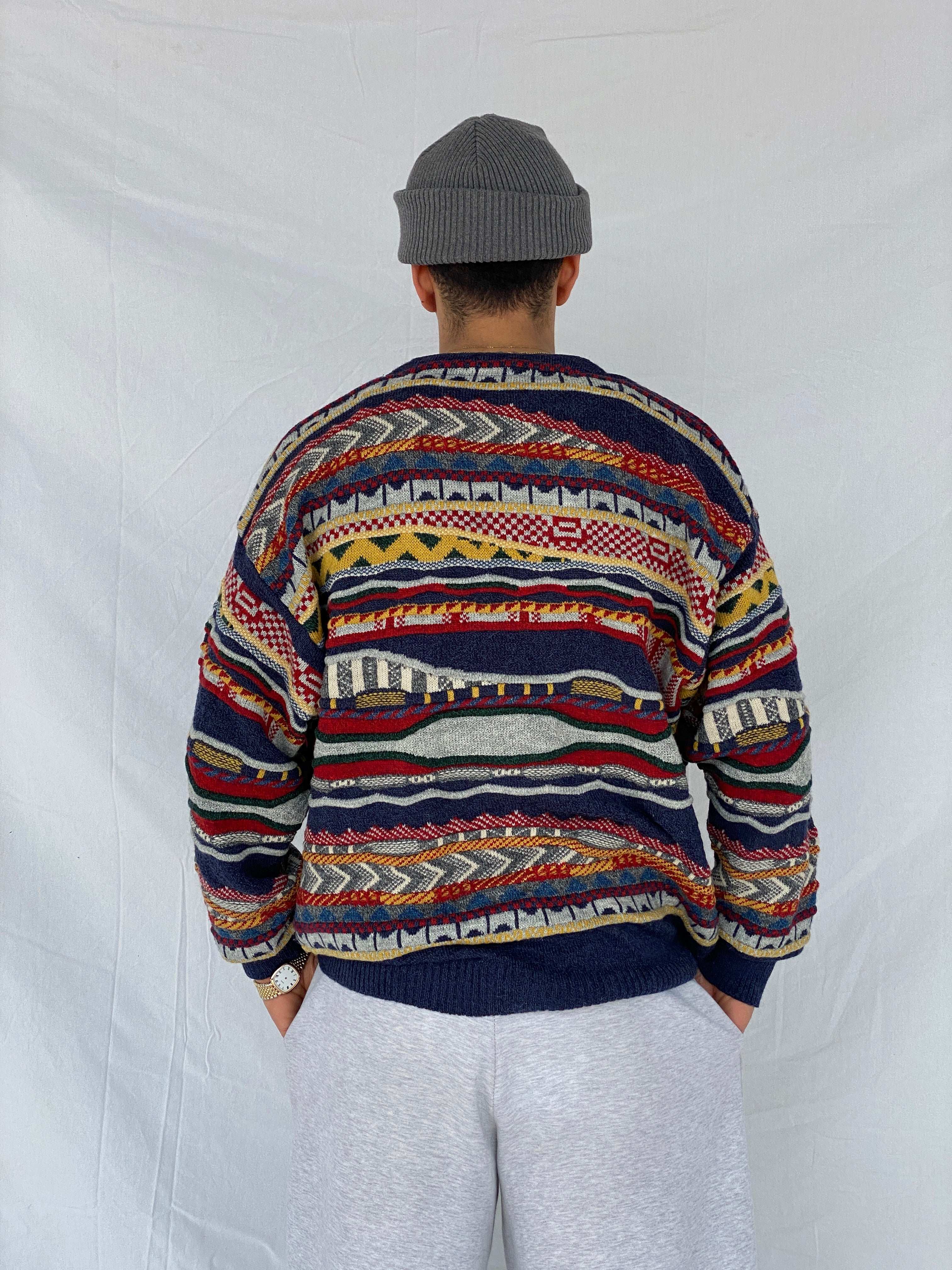 Vintage State of Art Coogi-Style Knitted Multi-Colored Cardigan Sweater - Size XL - Balagan Vintage Cardigan 90s, Abdullah, cardigan, knitted cardigan, knitted sweater, oversized sweater, vintage sweater, winter