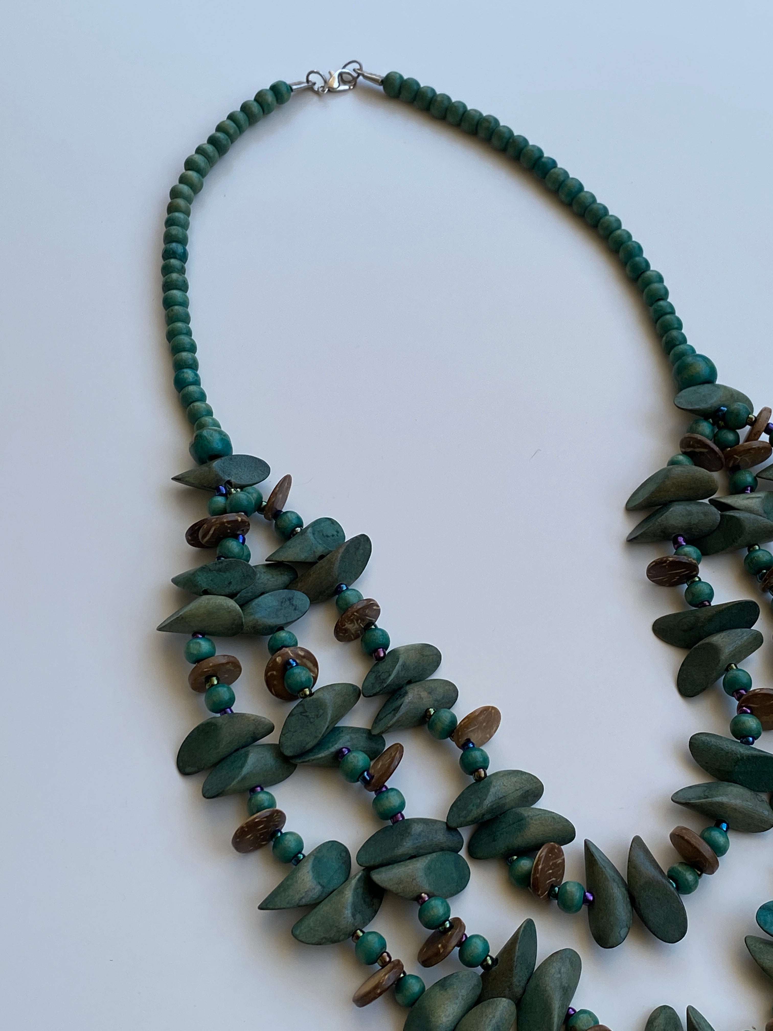 Vintage Boho Green Multi-Strand Wood Beaded Necklace
