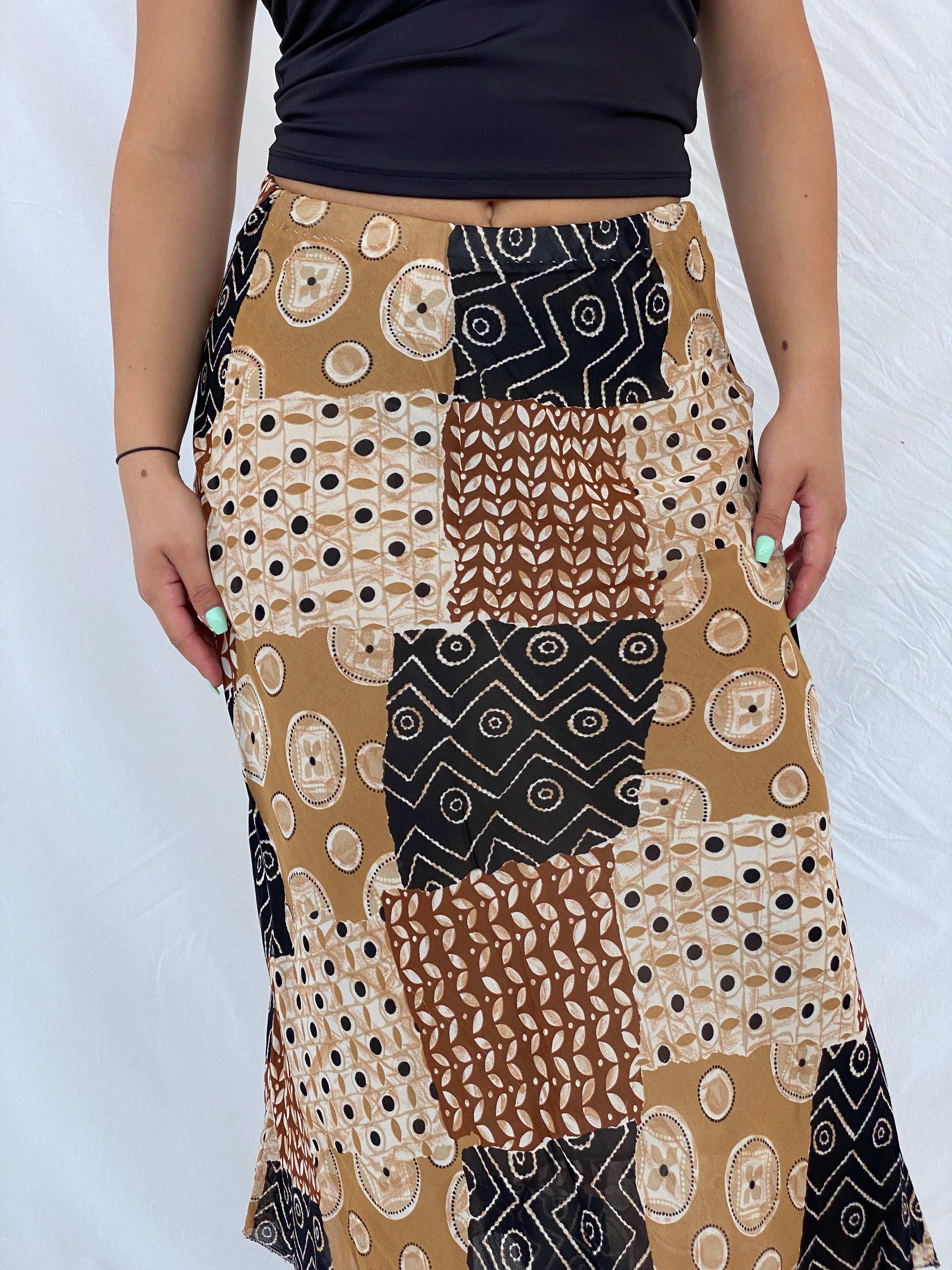 Vintage Handmade Patchwork Boho Brown Midi Elastic Waist Skirt - M - Balagan Vintage Midi Skirt 00s, Boho, floral, floral print, Lana, midi skirt, NEW IN, patchwork, summer