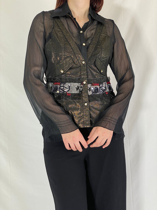 Vintage Farfalla Rosso Shimmery Whimsygoth Beaded Sheer Shirt Evening Top - XL
