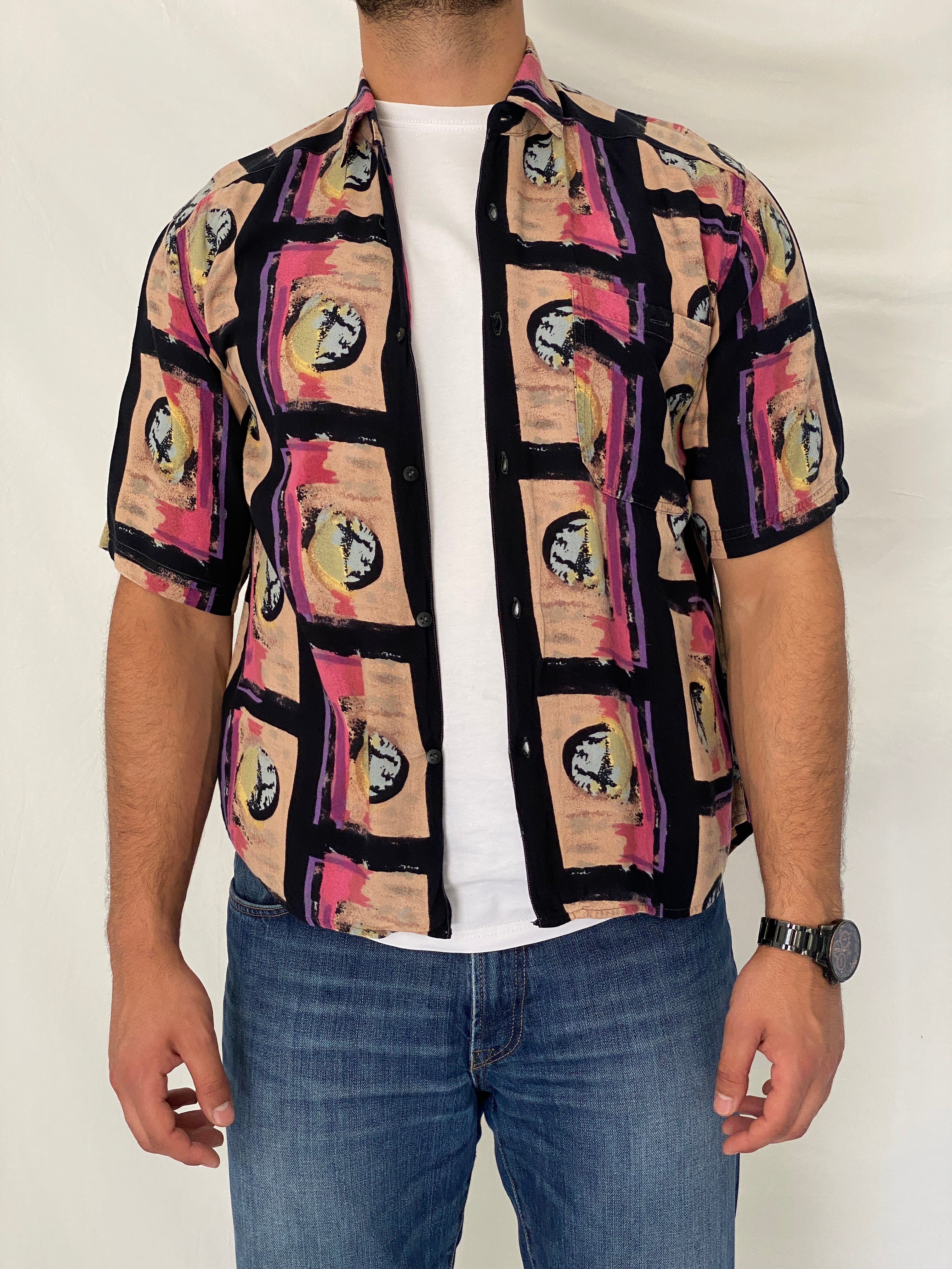 Vintage 90s Tribes Abstract Geometric Rayon Button-Up Shirt - M