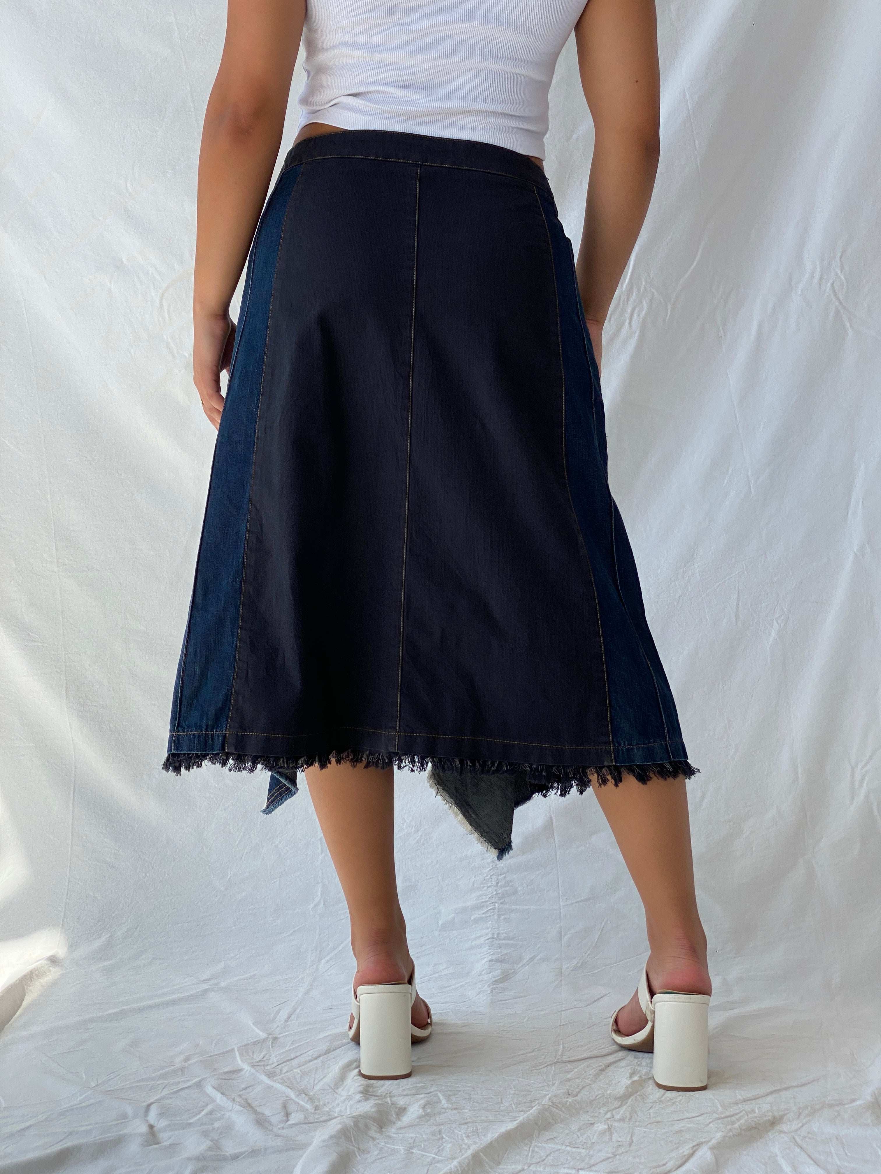 Vintage DELA VEGA Asymmetric Frayed Hem Denim Midi Skirt - L