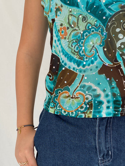 Y2K Abstract Turquoise Mesh Tank French Rhinestone Top – XL