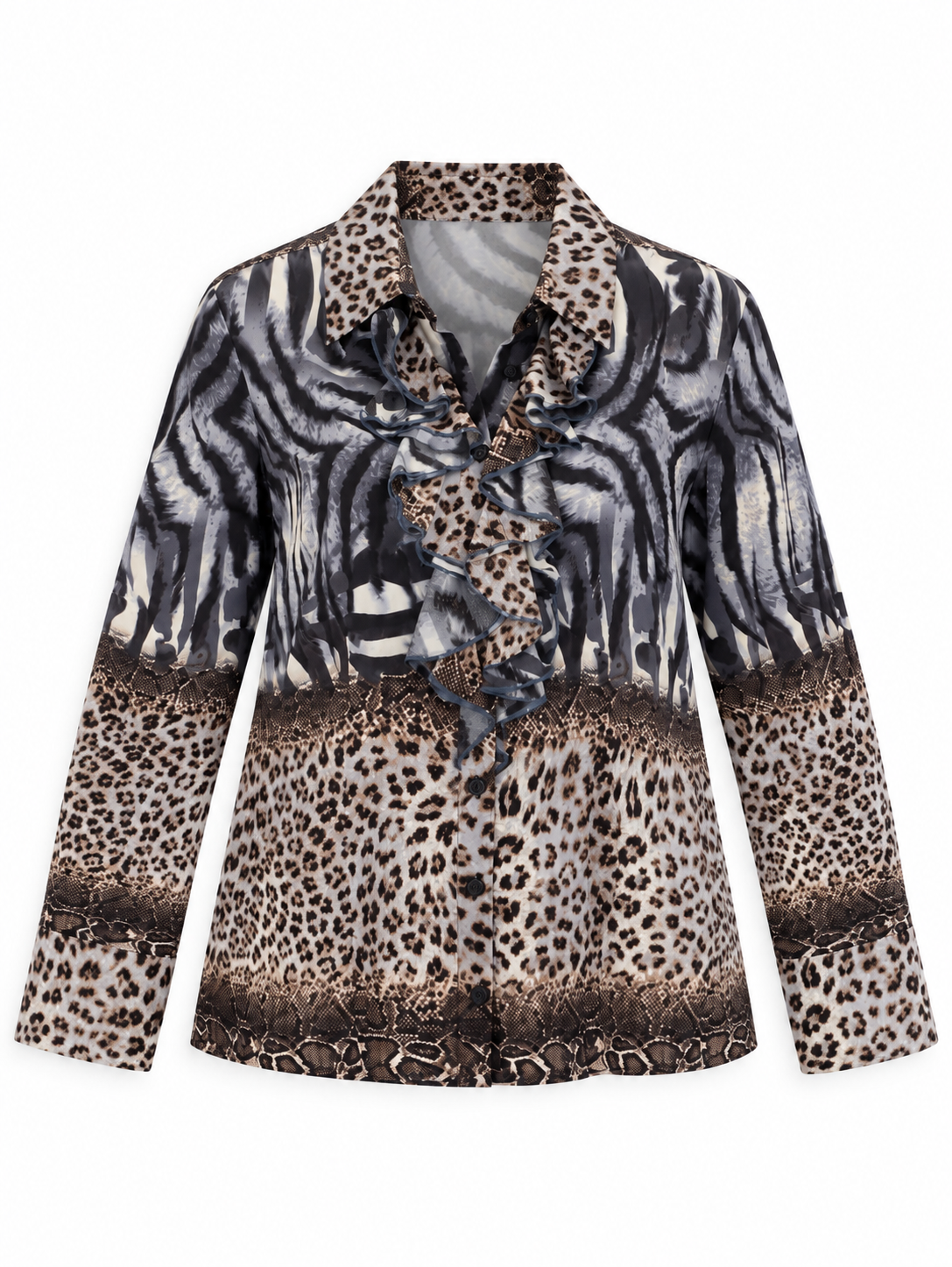 Y2K BiBA Grey & Brown Mixed Animal Print Shirt Ruffle Blouse – M