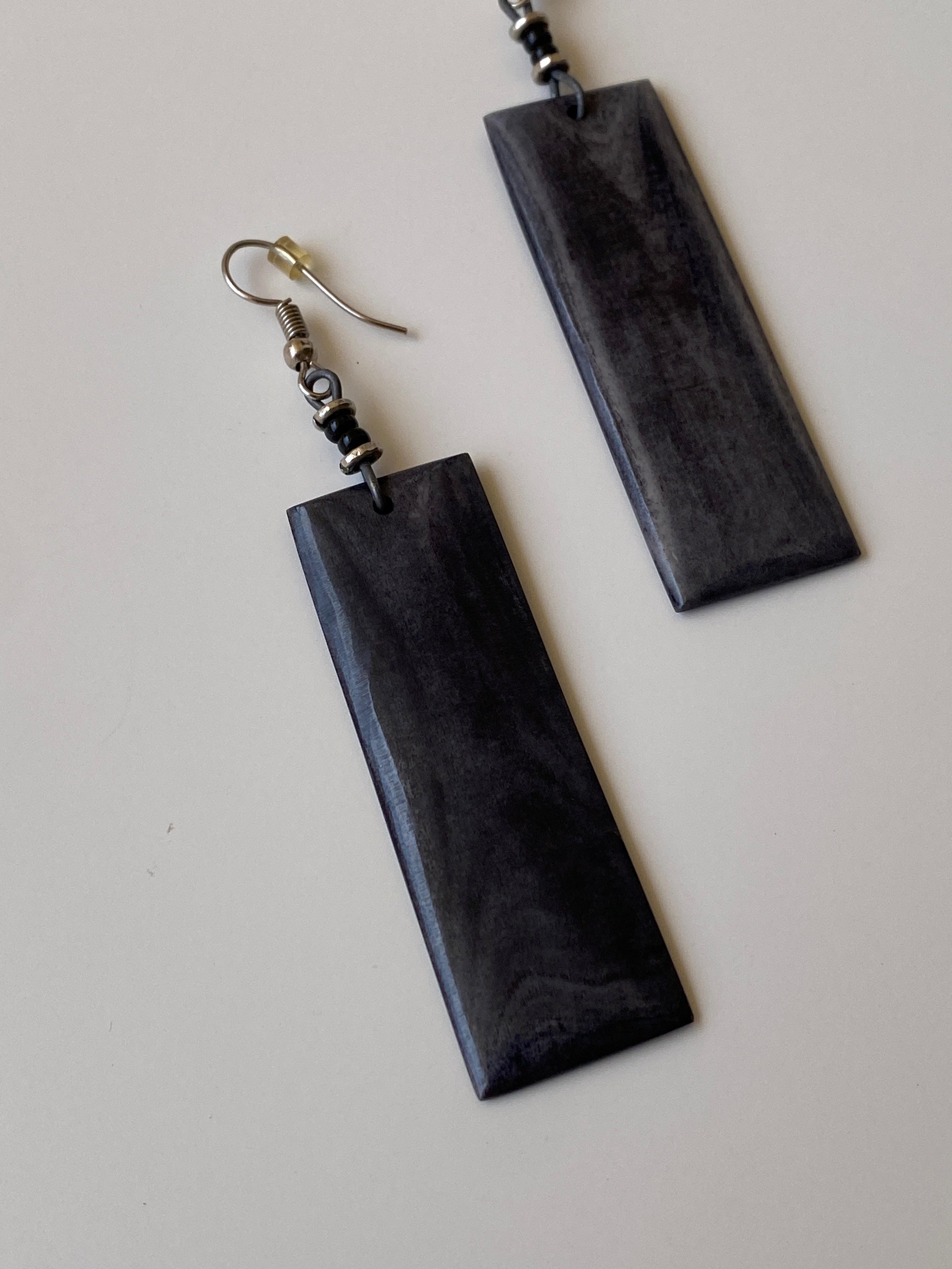 Vintage Dark Wood Rectangle Drop Earrings – Minimalist Boho Statement Earrings