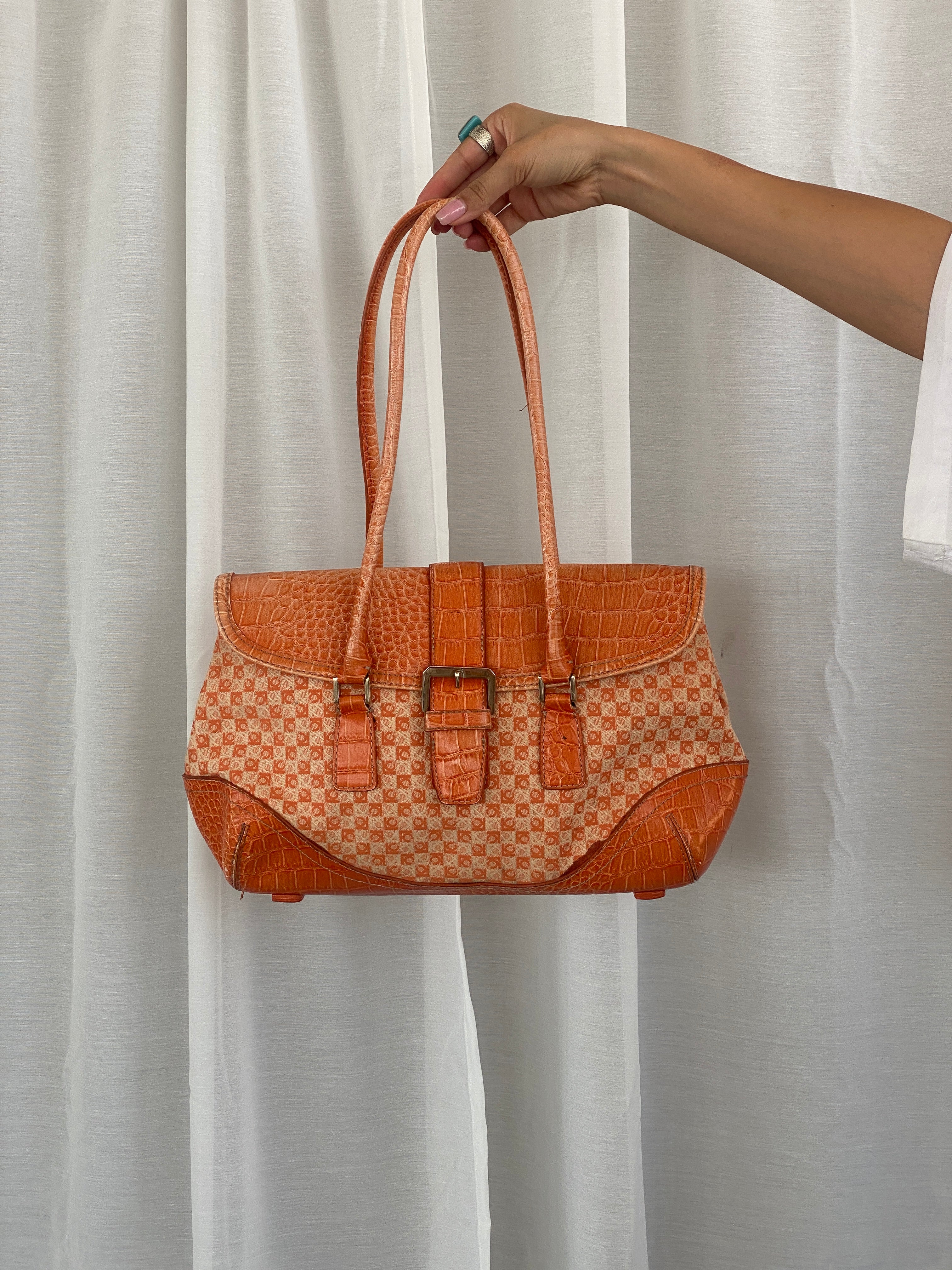 Liz Claiborne NYC Signature Fabric Orange Monogram with Faux Croc Leather Print Shoulder Bag