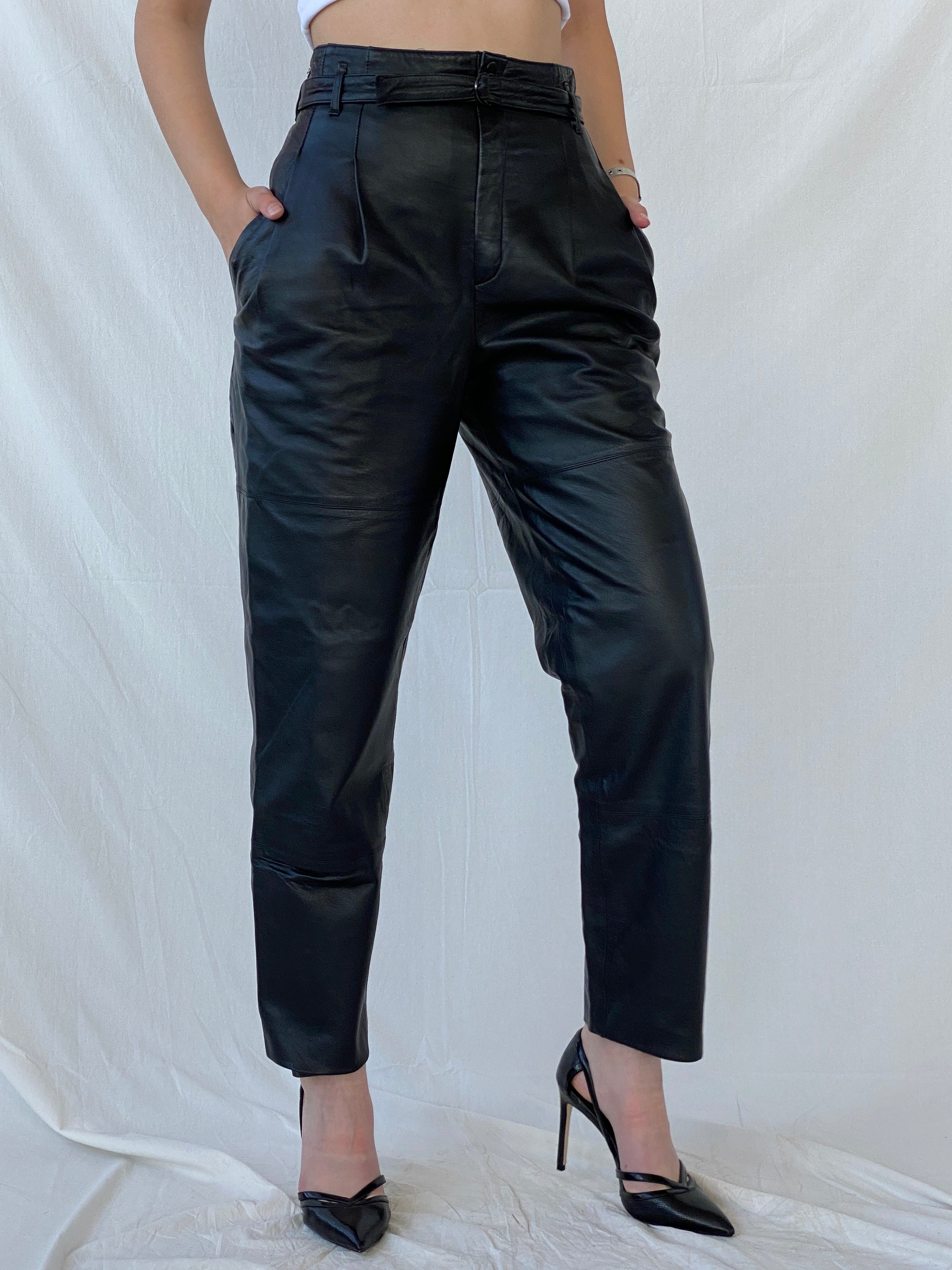 Vintage Betty Barclay Black Genuine Leather Biker Belted Pants - M