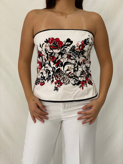 Y2K White House Black Market Floral Corset Strapless White Red Black Top - L