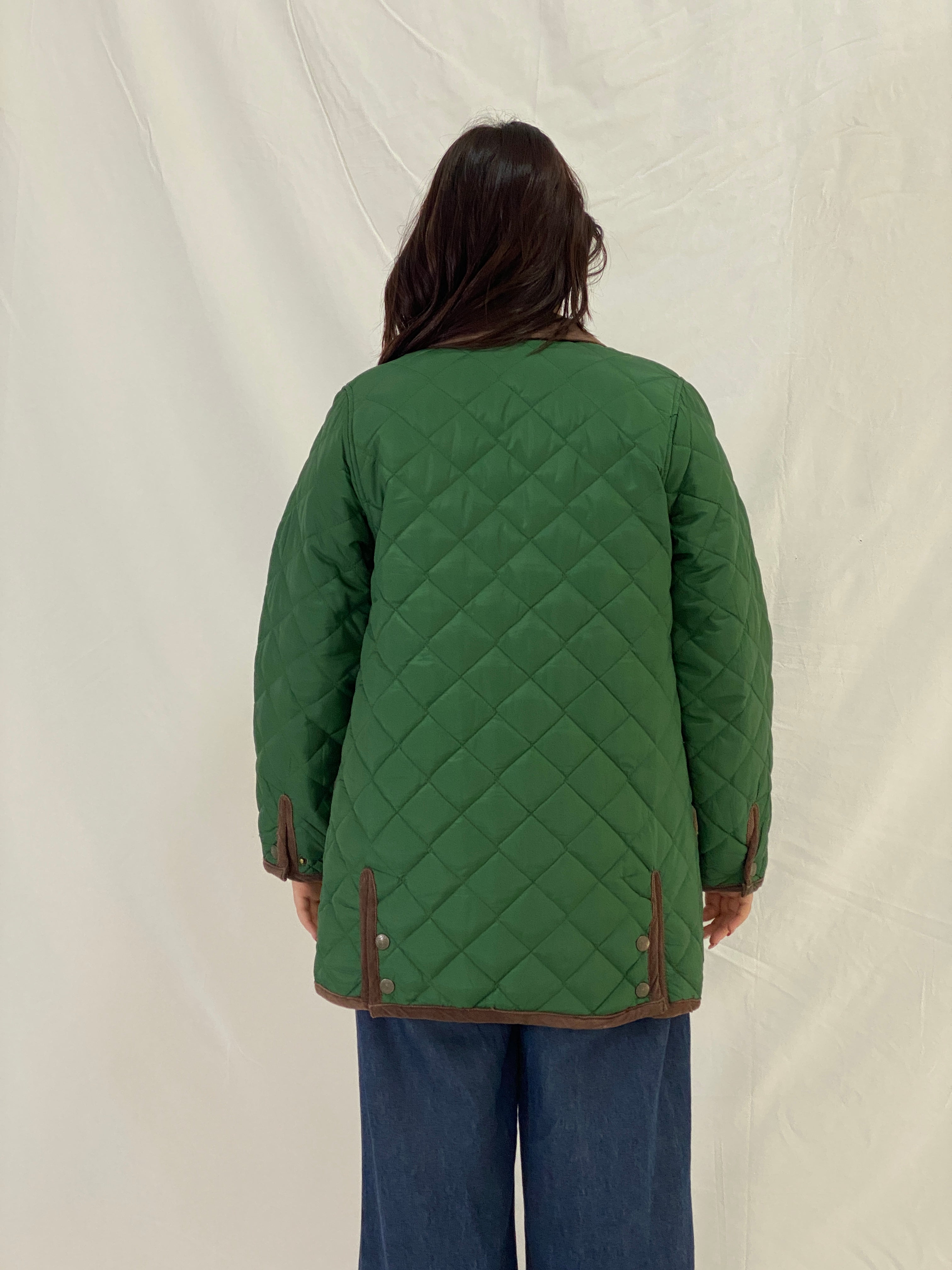 Vintage Green Quilted Nylon Jacket with Brown Corduroy Trim – S